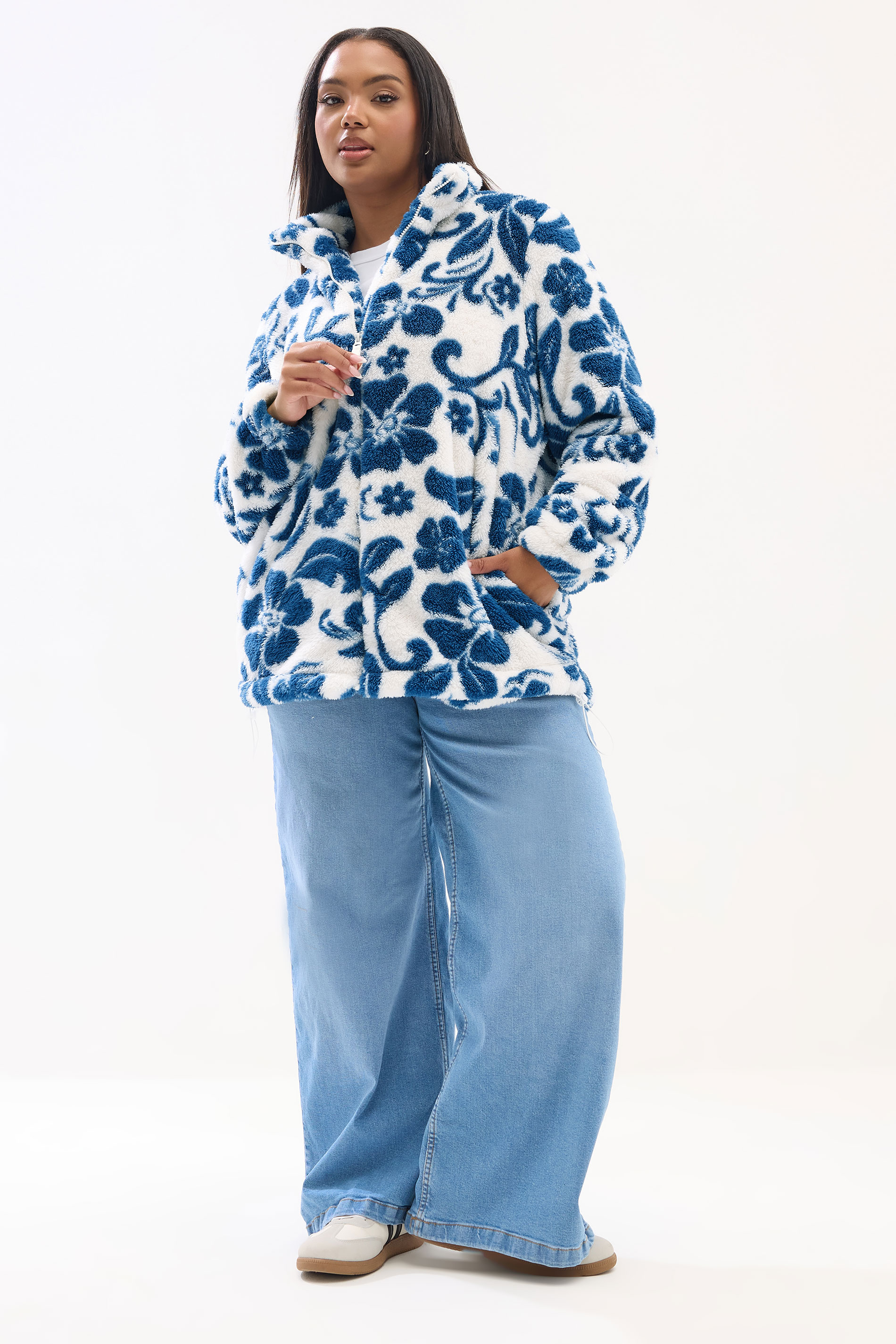 YOURS Plus Size White Floral Print Fleece Jacket | Yours Clothing 1