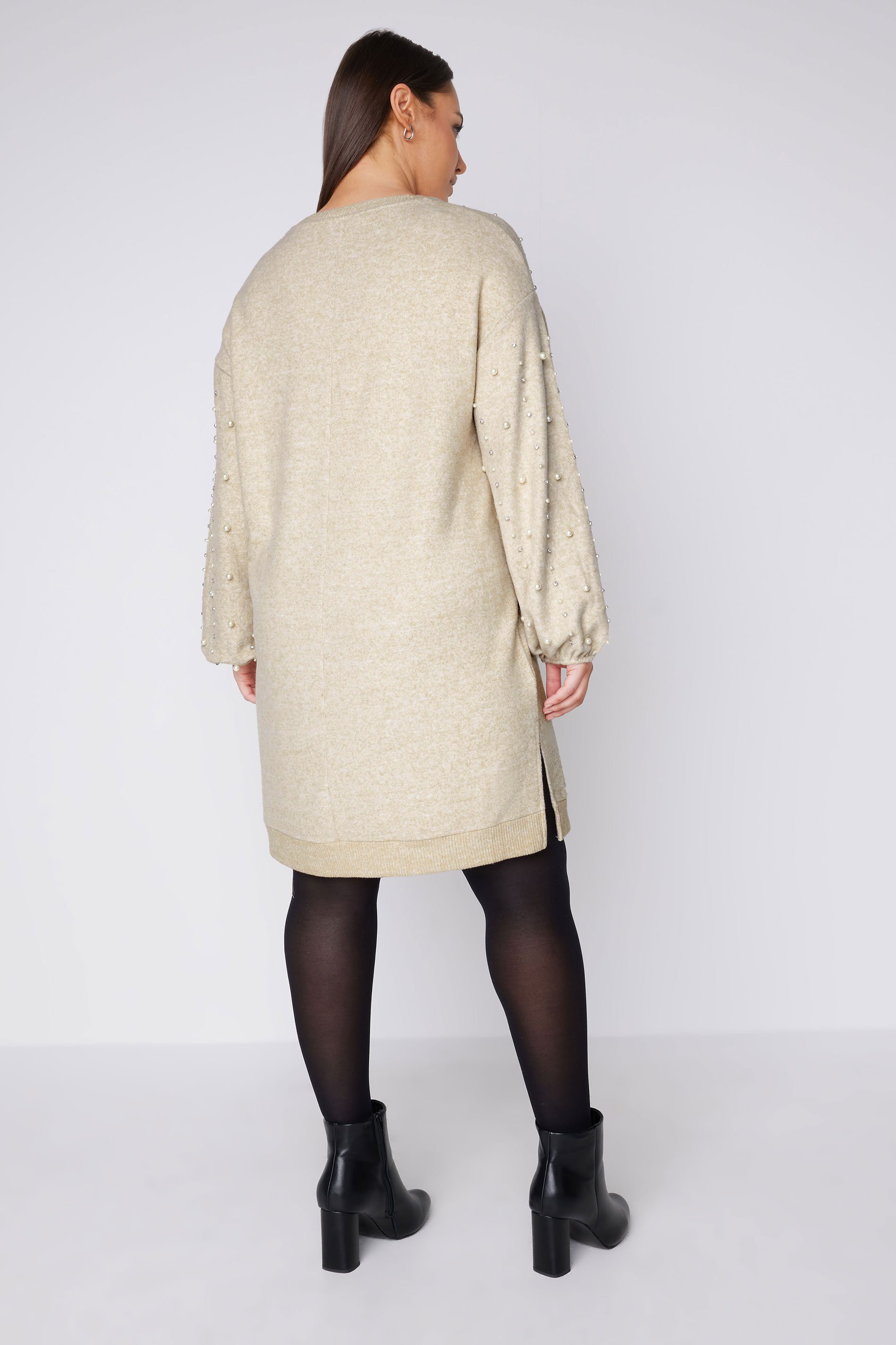 EVANS Plus Size Natural Brown Pearl Embellished Jumper Dress | Evans 3