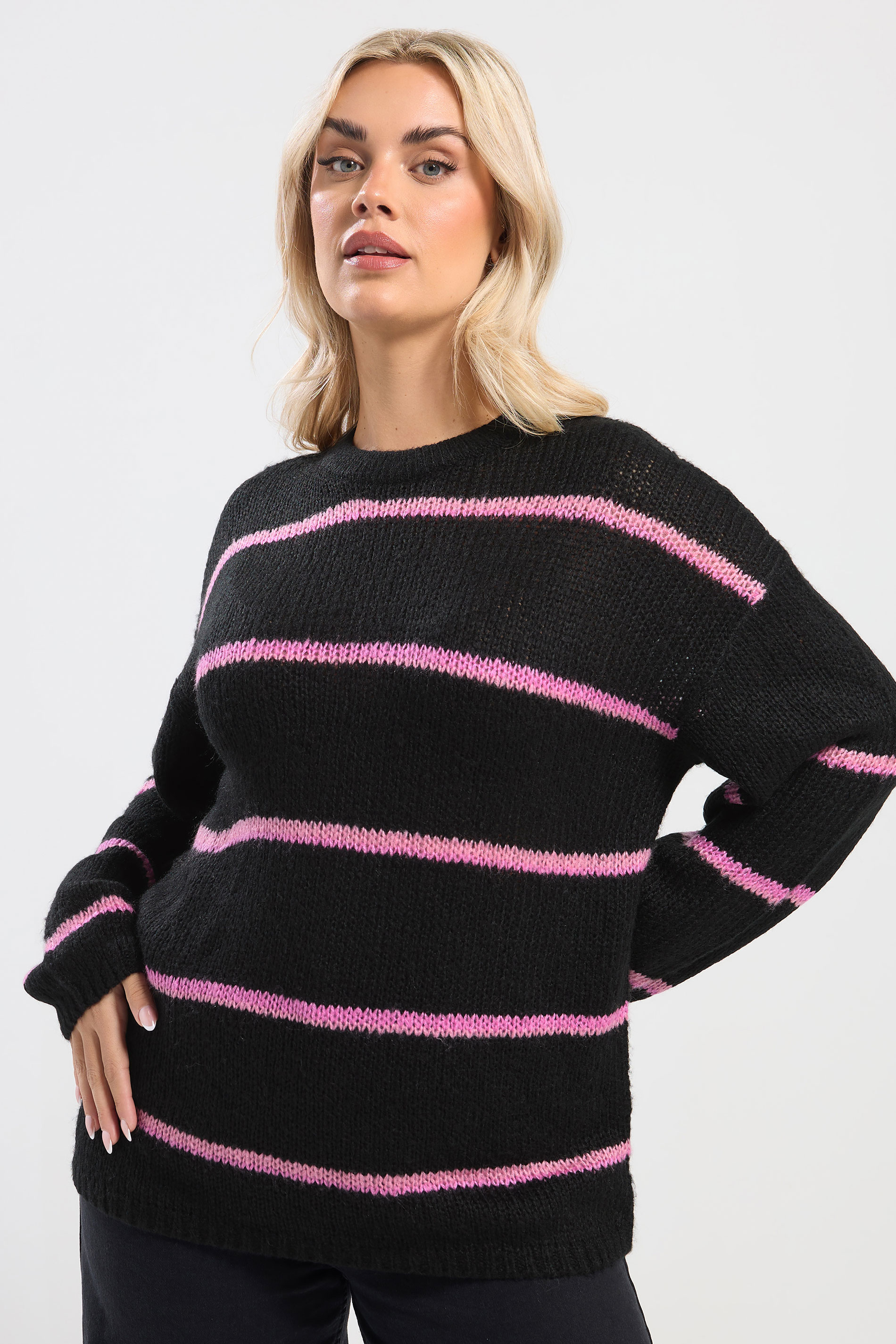 YOURS Plus Size Black & Pink Stripe Soft Touch Knitted Jumper | Yours Clothing 3