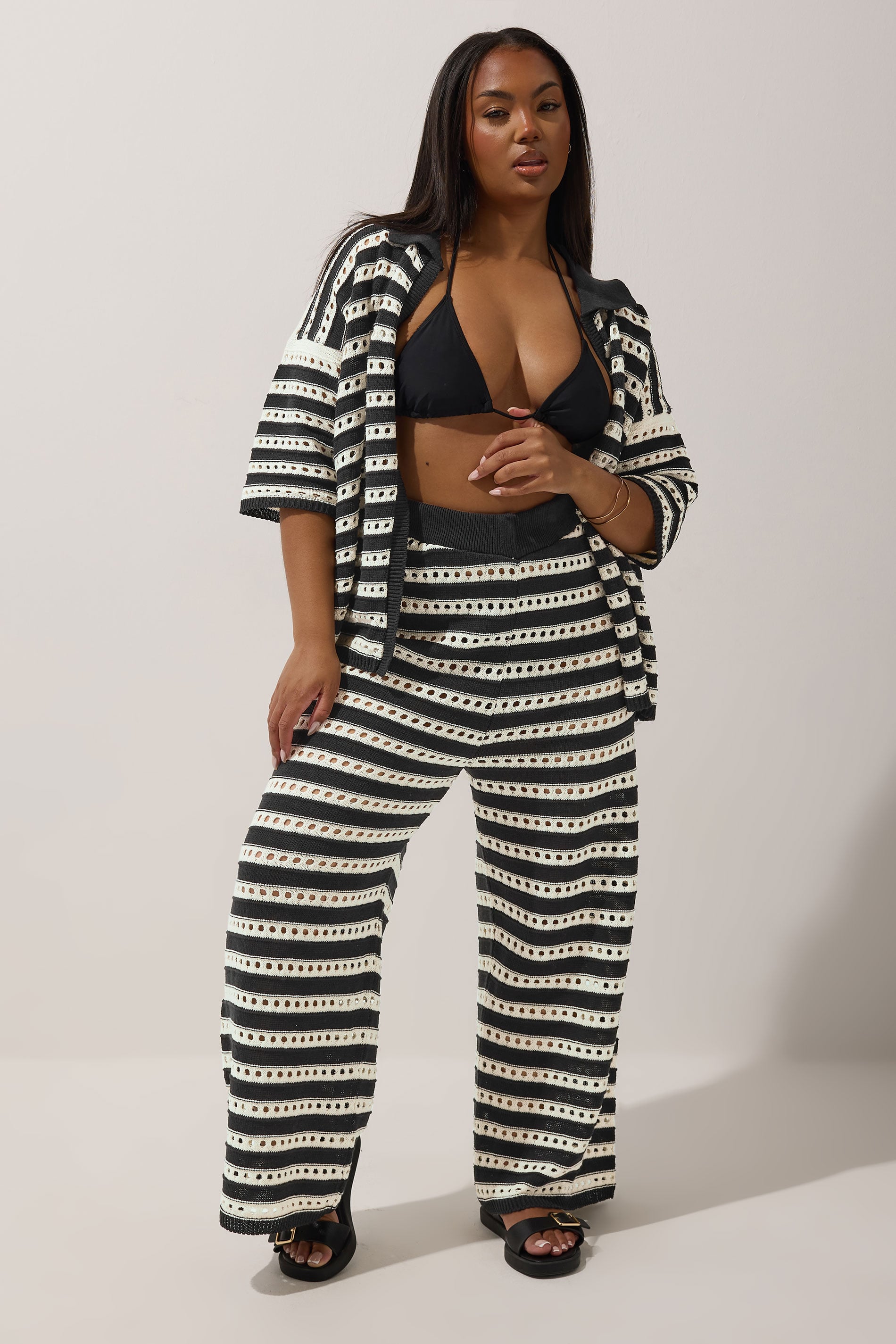 LIMITED COLLECTION Plus Size Black & White Stripe Crochet Wide Leg Trousers | Yours Clothing 1
