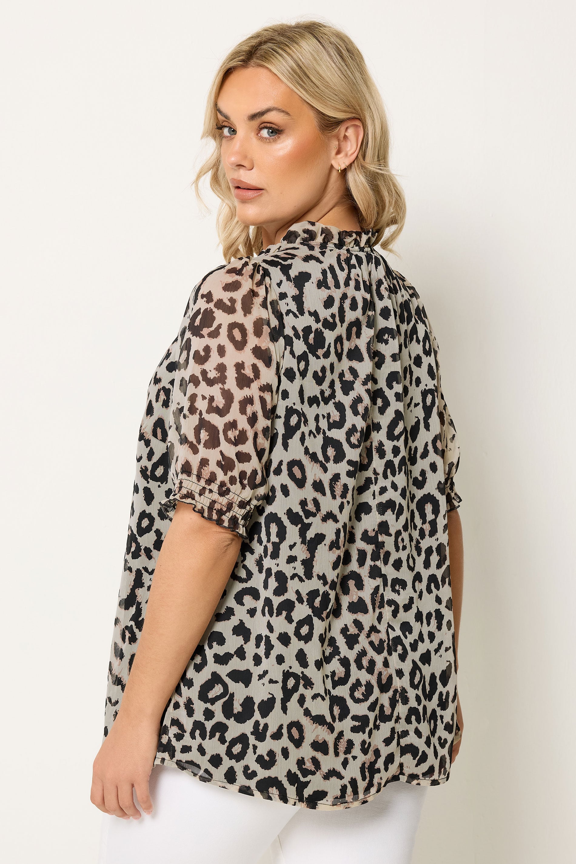 YOURS Plus Size White Leopard Frill Neck Blouse | Yours Clothing 2