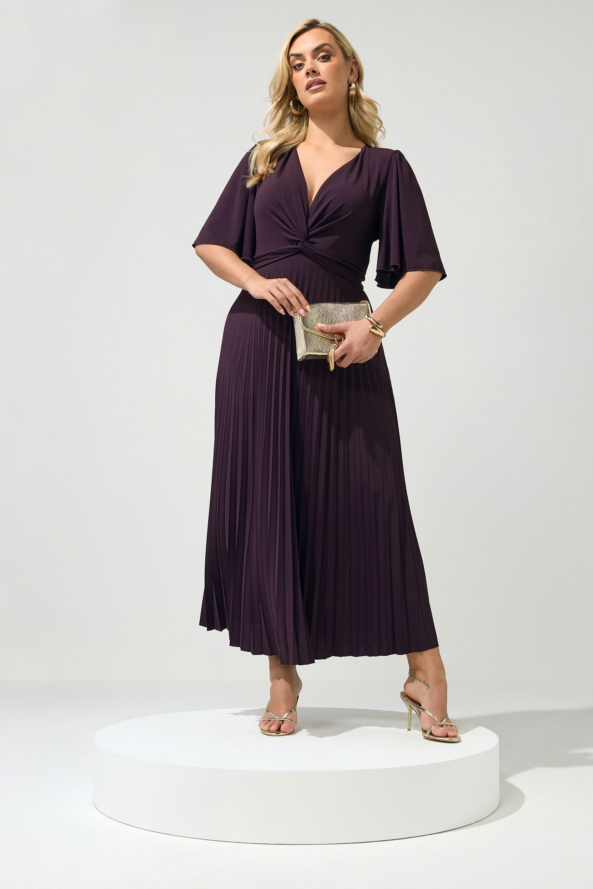 YOURS LONDON Plus Sized Dark Purple Knot Pleated Maxi Dress | Yours Clothing  3