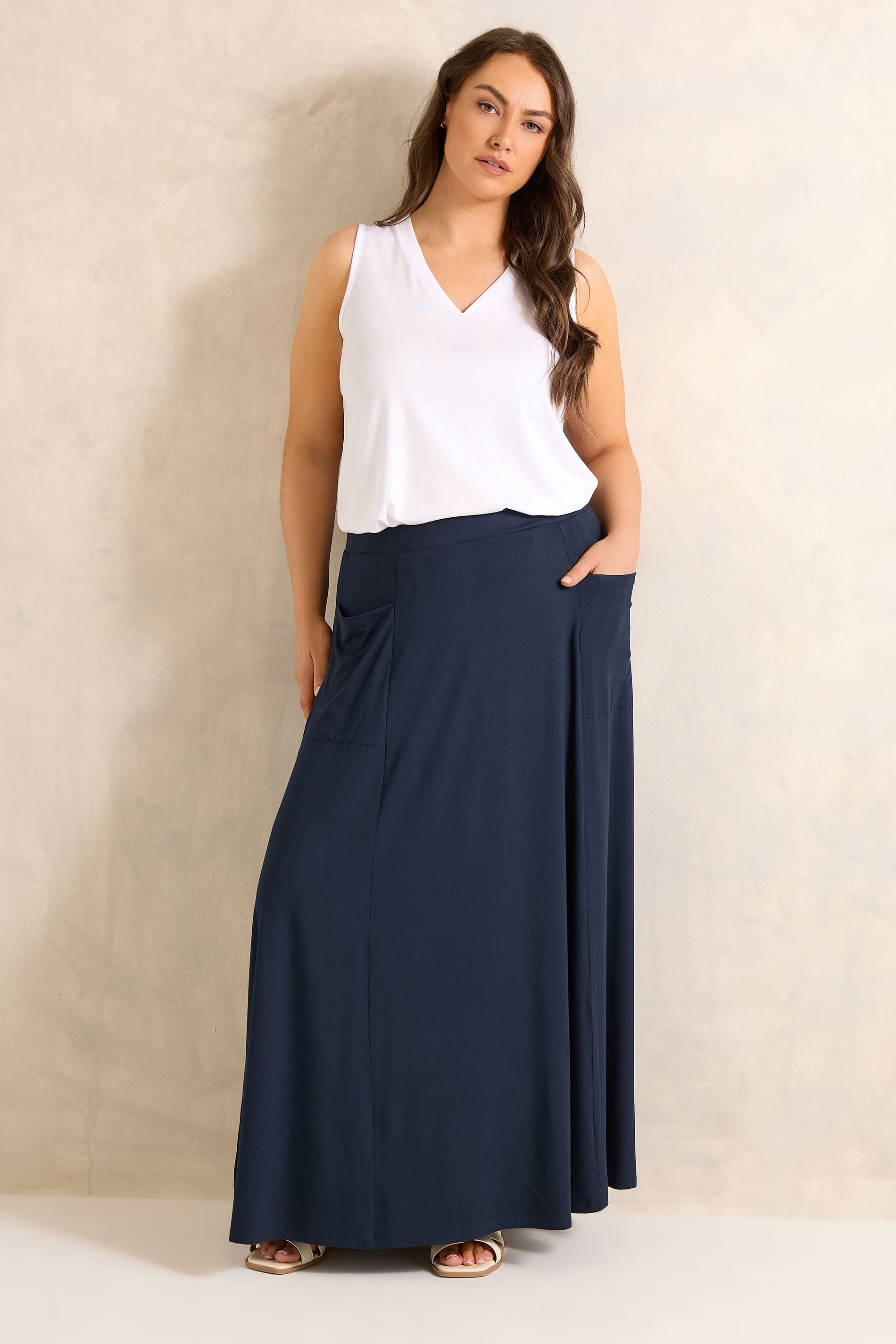 EVANS Plus Size Navy Blue Stretch Jersey Midaxi Skirt | Evans