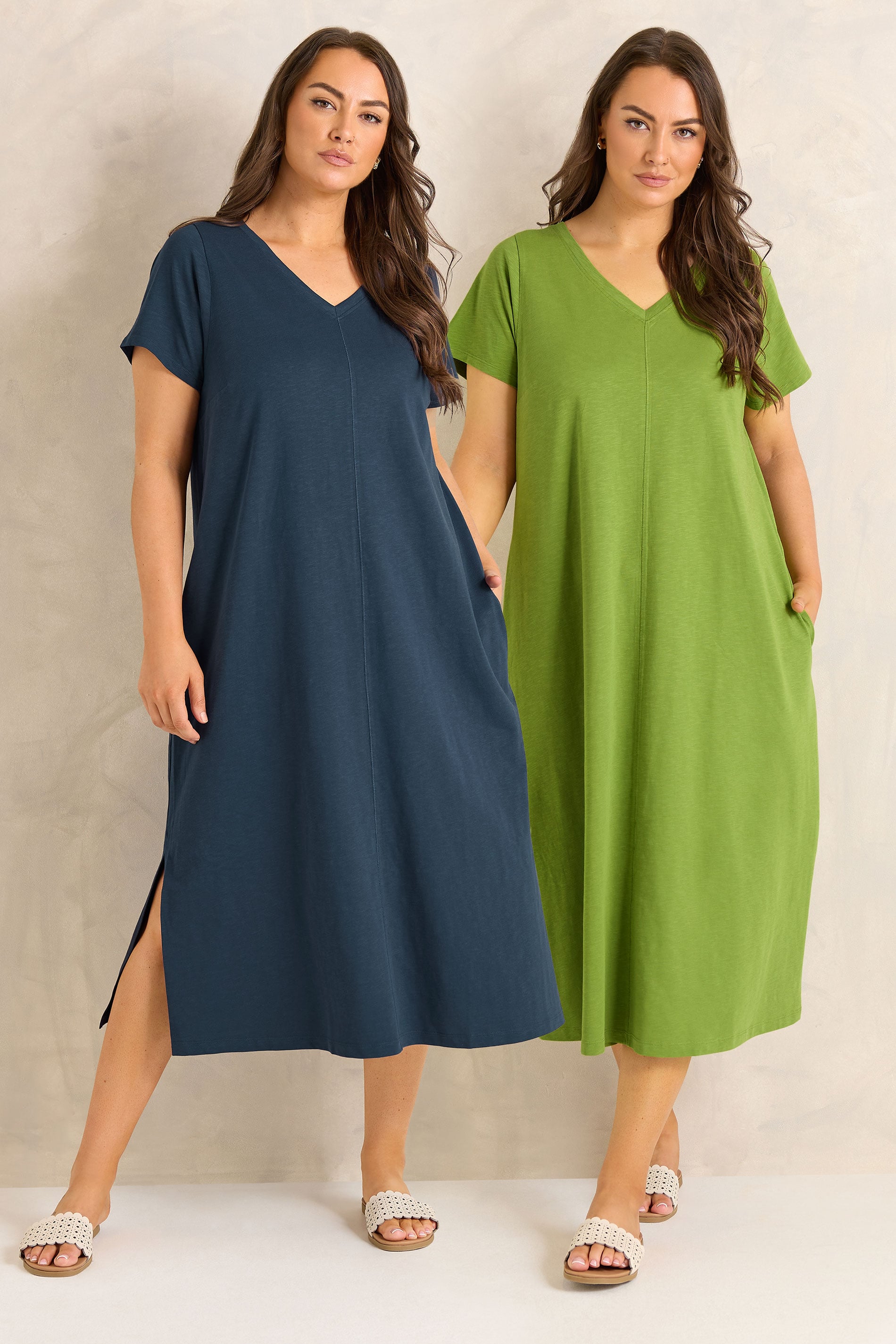 EVANS Plus Size 2 Pack Green & Navy Blue Cotton Dresses | Evans 1