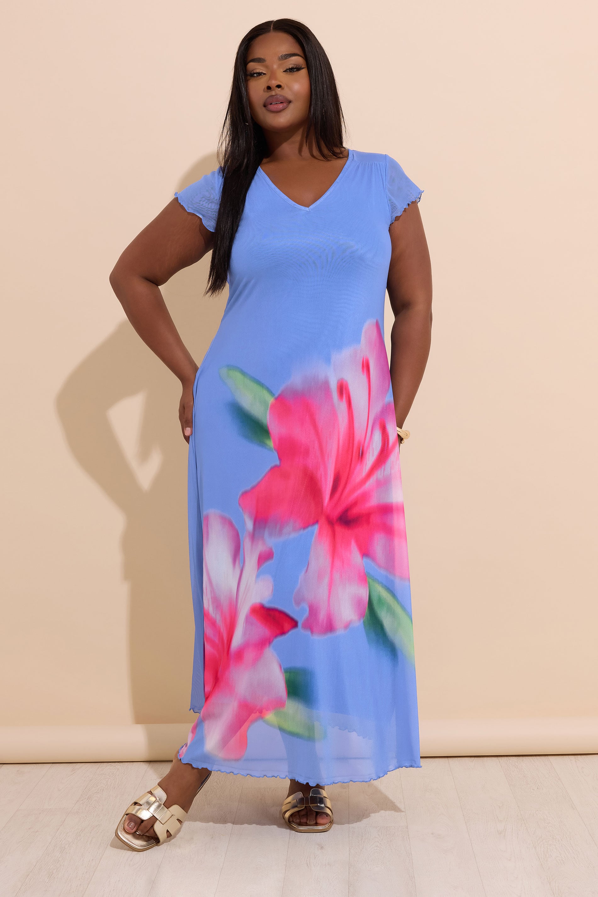 YOURS Plus Size Blue Tropical Floral Mesh Maxi Dress | Yours Clothing 1