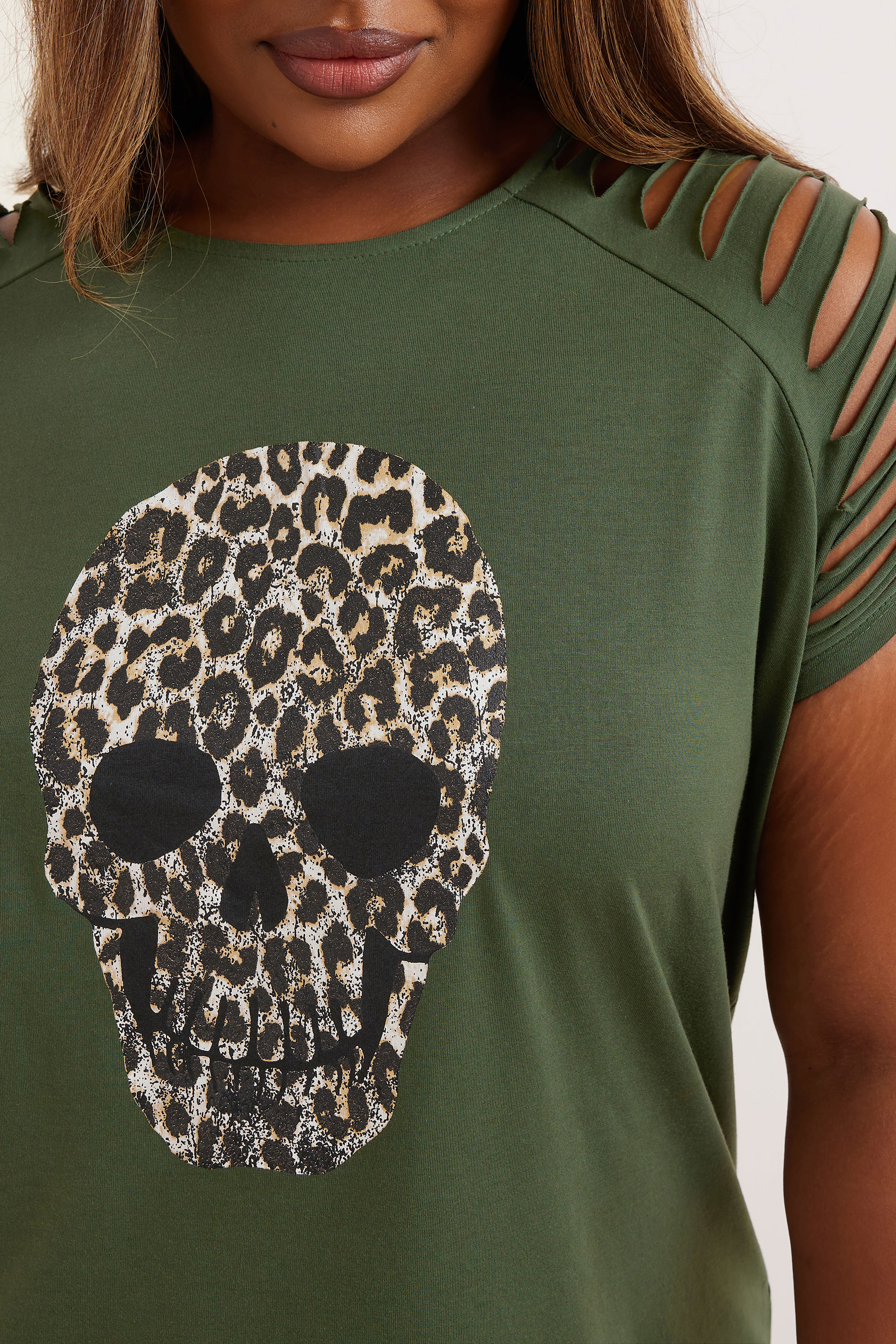 YOURS Plus Size Khaki Green Skull Leopard Cut Out Top | Yours Clothing 4
