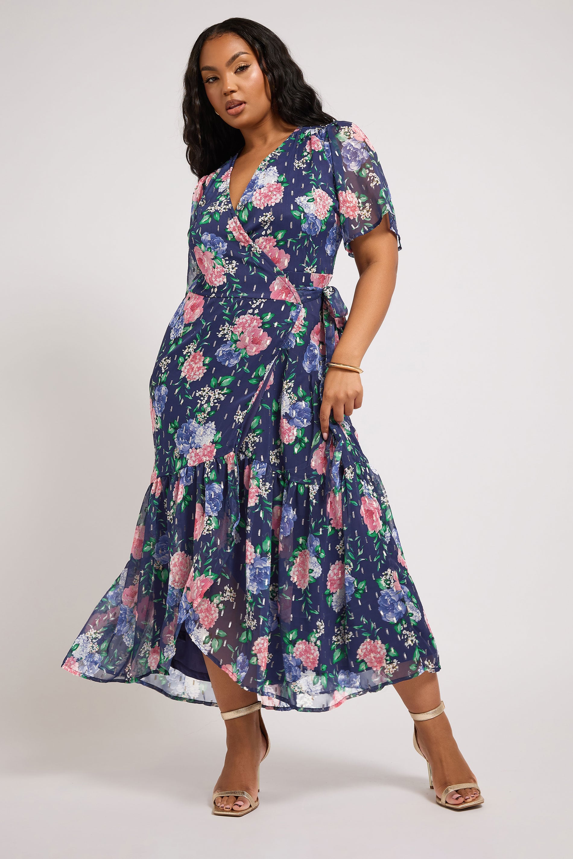 YOURS LONDON Plus Size Navy Blue Floral Metallic Wrap Dress | Yours Clothing 3