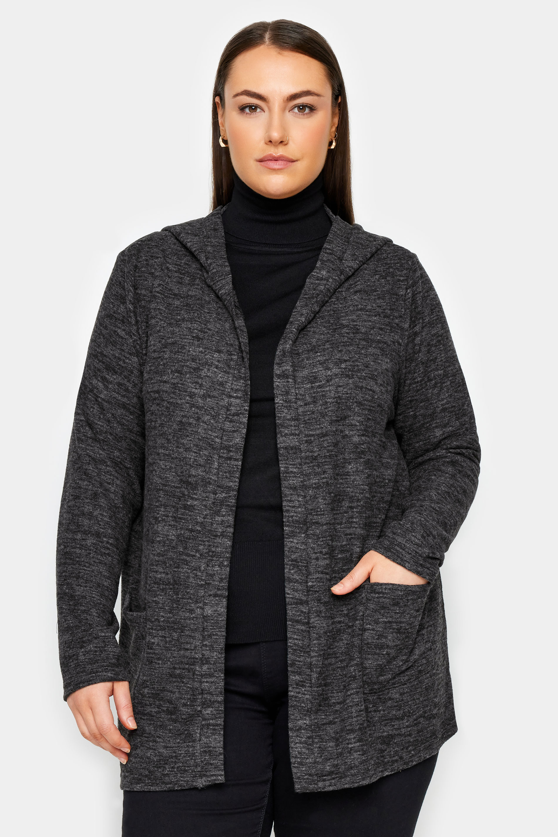 Evans Charcoal Grey Soft Touch Hooded Cardigan | Evans 1