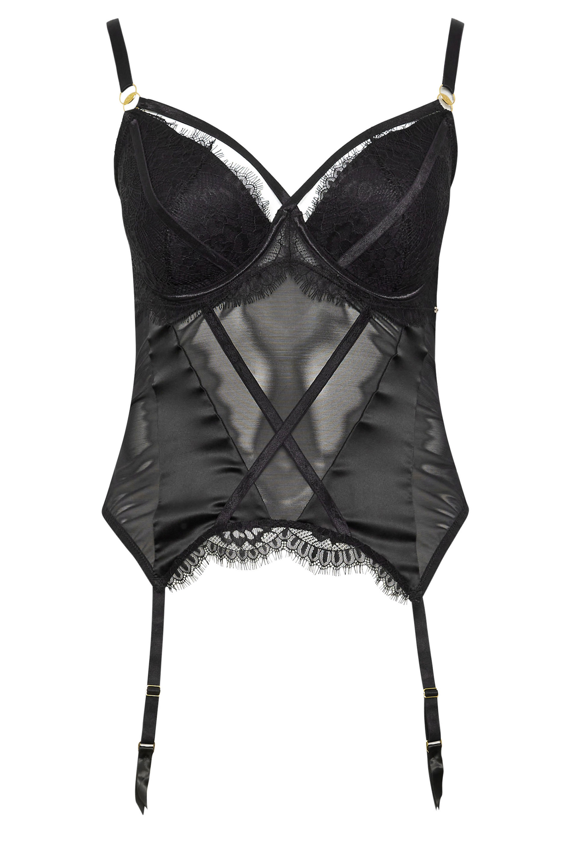 YOURS Plus Size Black Lace Strap Detail Satin Basque | Yours Clothing 6