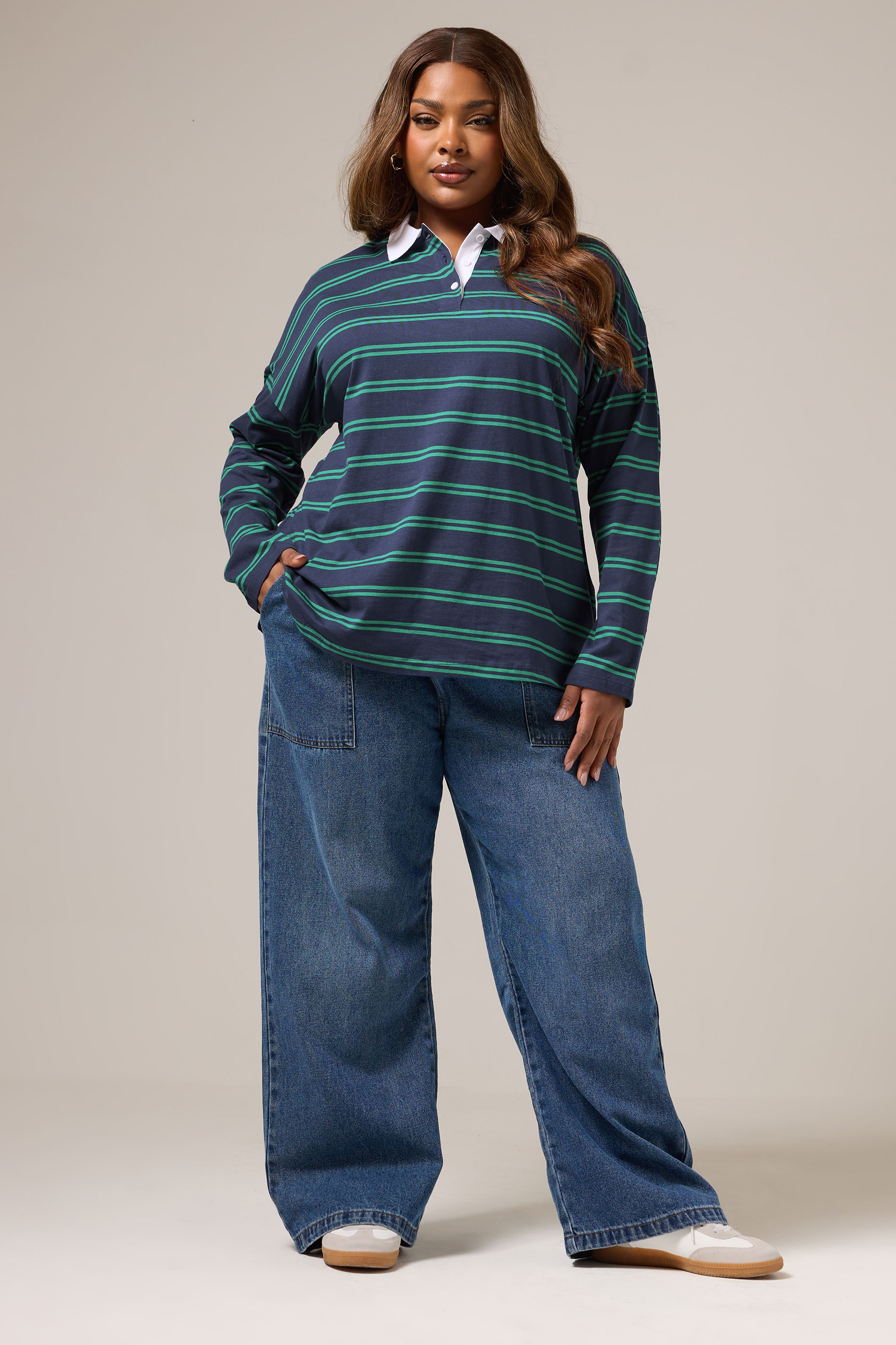 YOURS Plus Size Navy Blue Stripe Rugby Collar Top | Yours Clothing 3