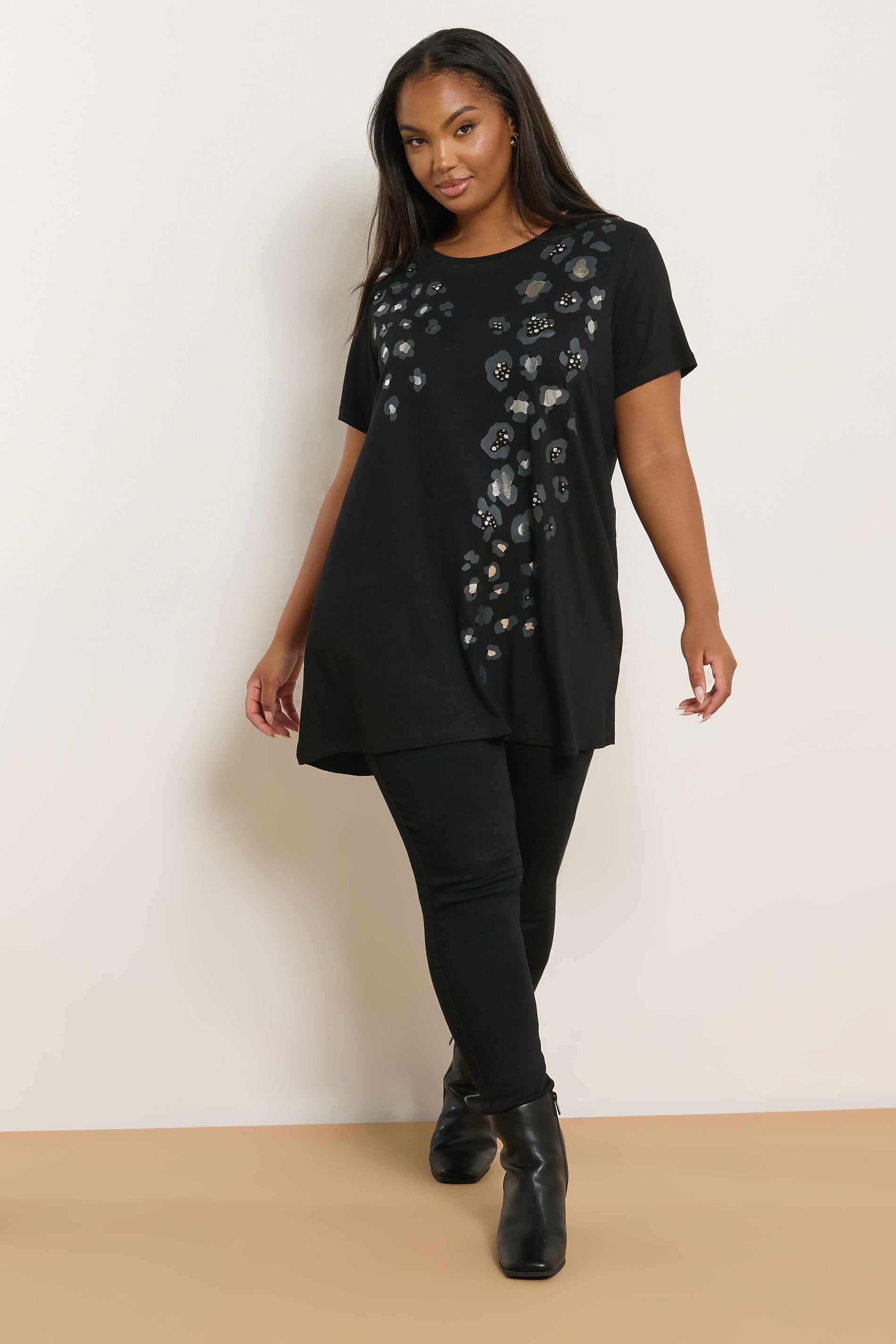 YOURS Plus Size Black Leopard Embellished T-Shirt | Yours Clothing 1
