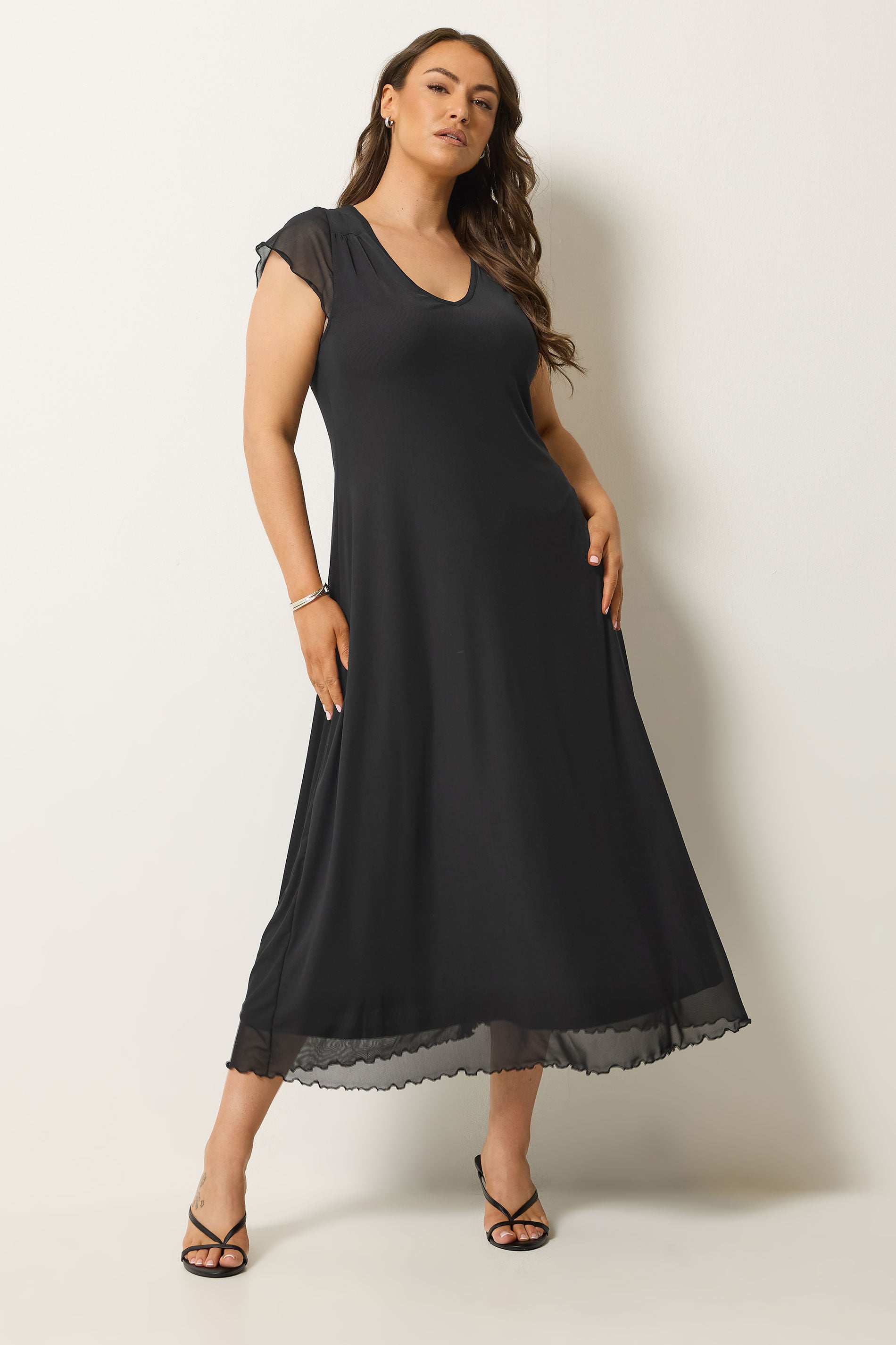 YOURS Plus Size Black Mesh Cap Sleeve Maxi Dress | Yours Clothing 3