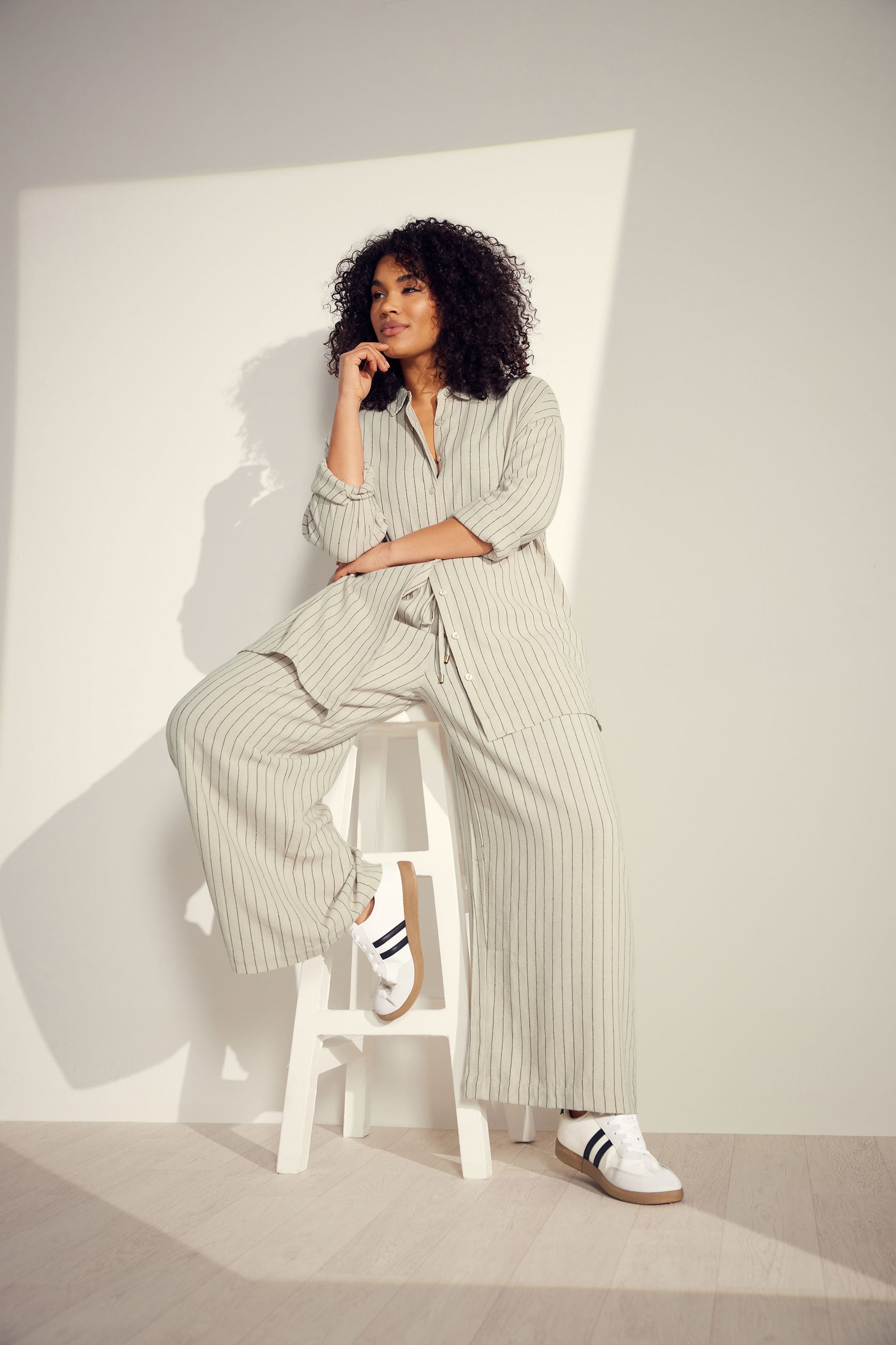 EVANS Plus Size Natural Brown Stripe Print Premium Linen Trousers | Evans 3