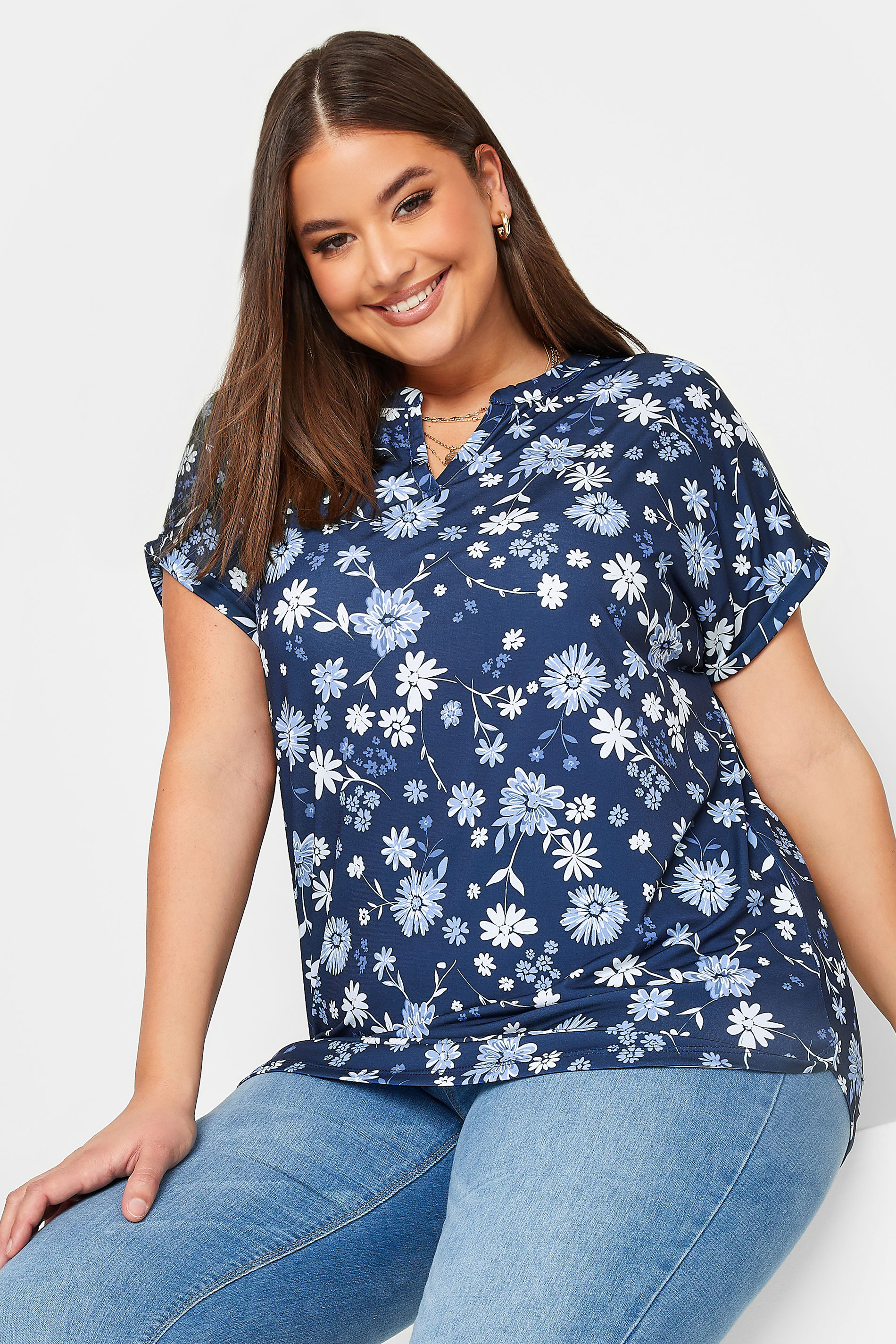 YOURS Curve Plus Size Navy Blue Floral V-Neck Blouse | Yours Clothing  1