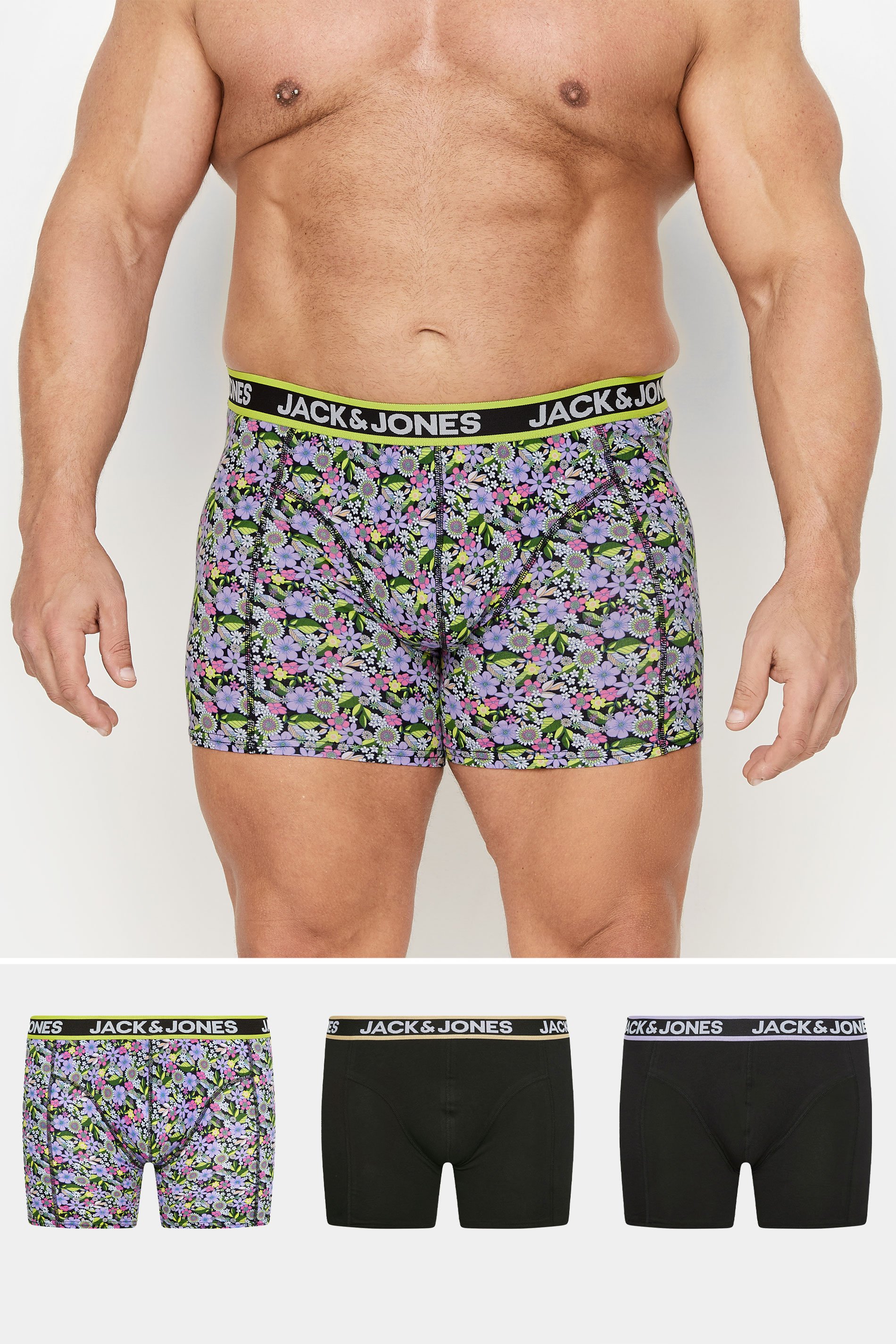 JACK & JONES Black Floral & Plain 3 Pack Boxers | BadRhino 1