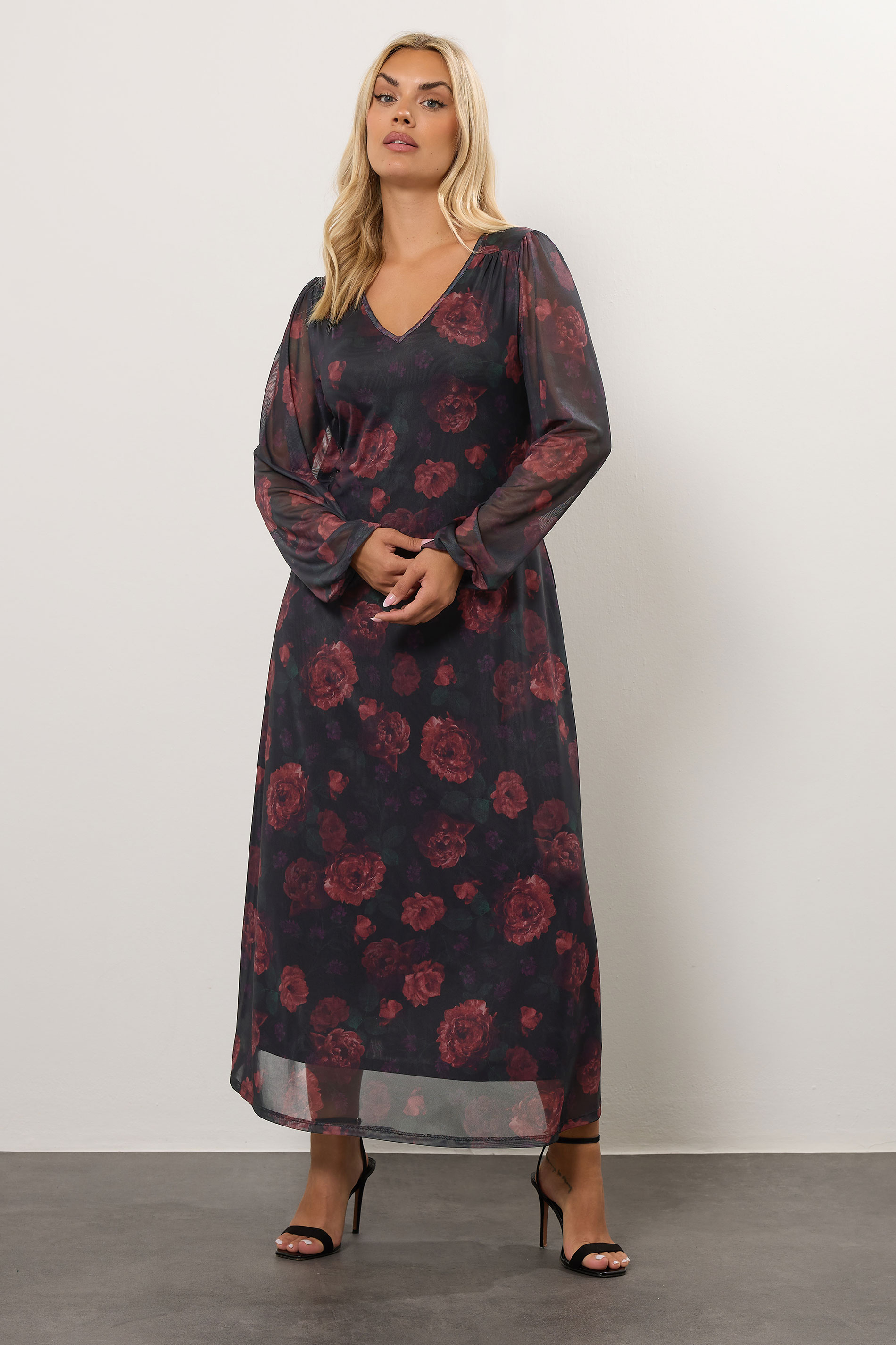 YOURS Plus Size Black Floral Mesh Maxi Dress | Yours Clothing 3