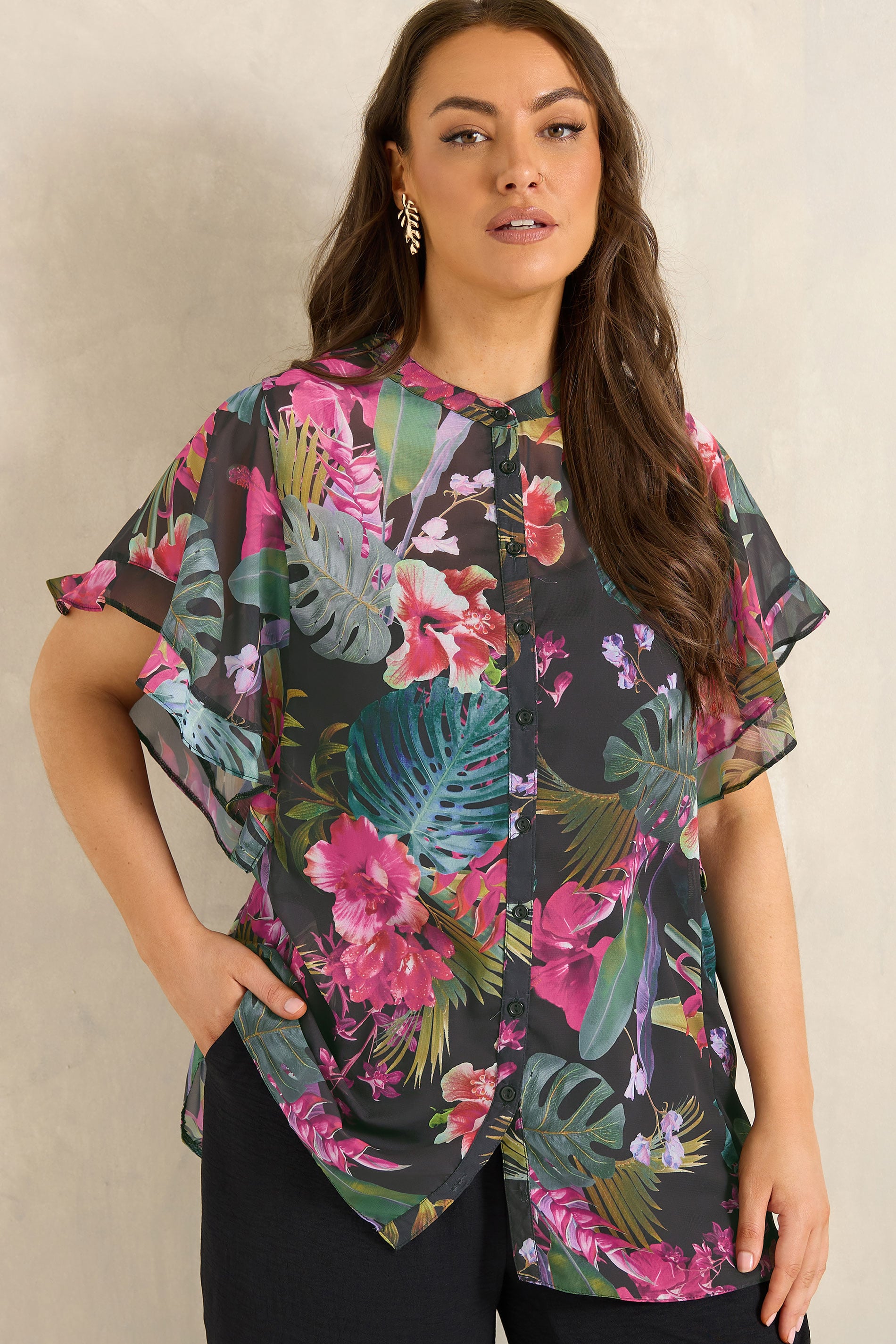 Evans Women's Black Curve Tropical Frill Sleeve Blouse Size 26-28
