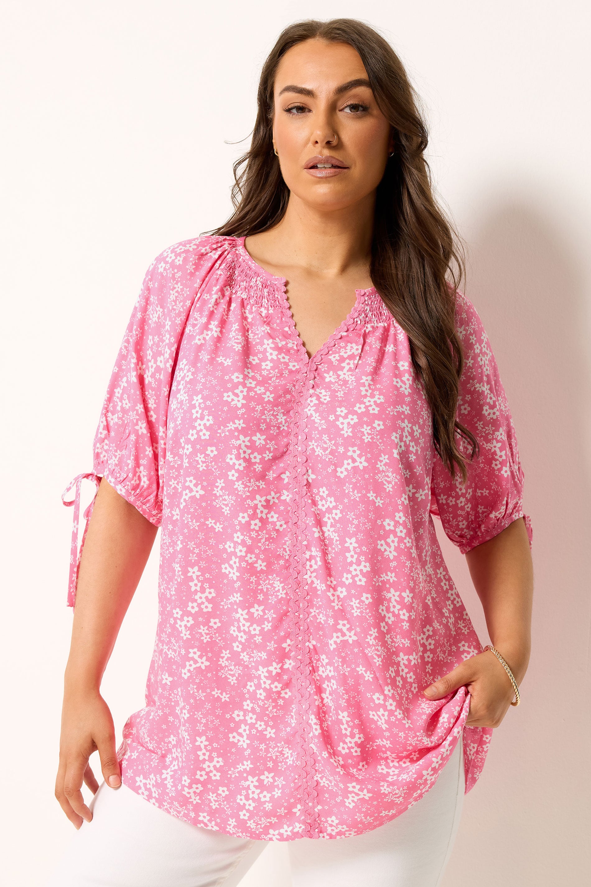 YOURS Plus Size Pink Floral Contrast Trim Blouse | Yours Clothing 3