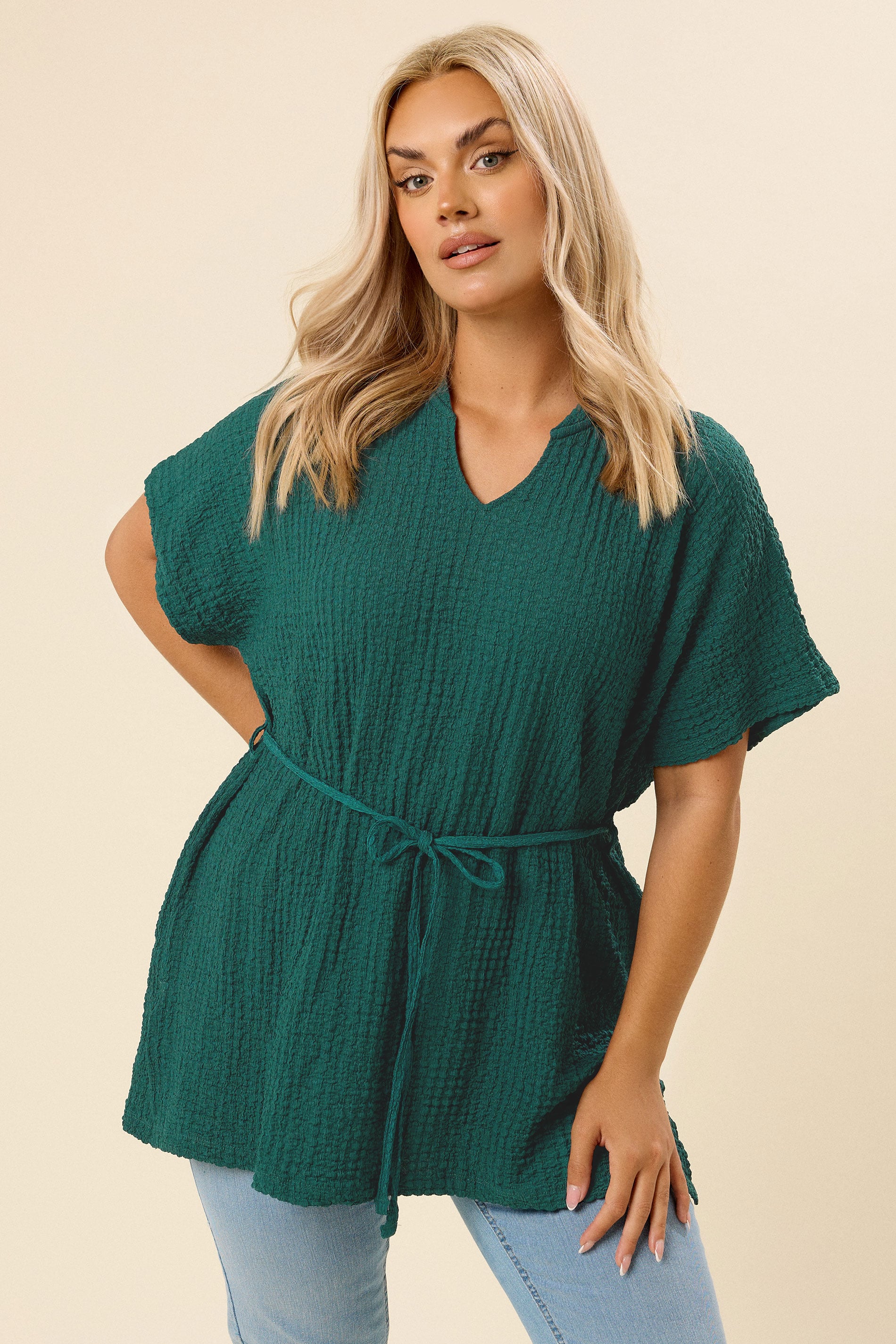 YOURS Plus Size Teal Green Belted Textured Tunic Top | Yours Clothing 3