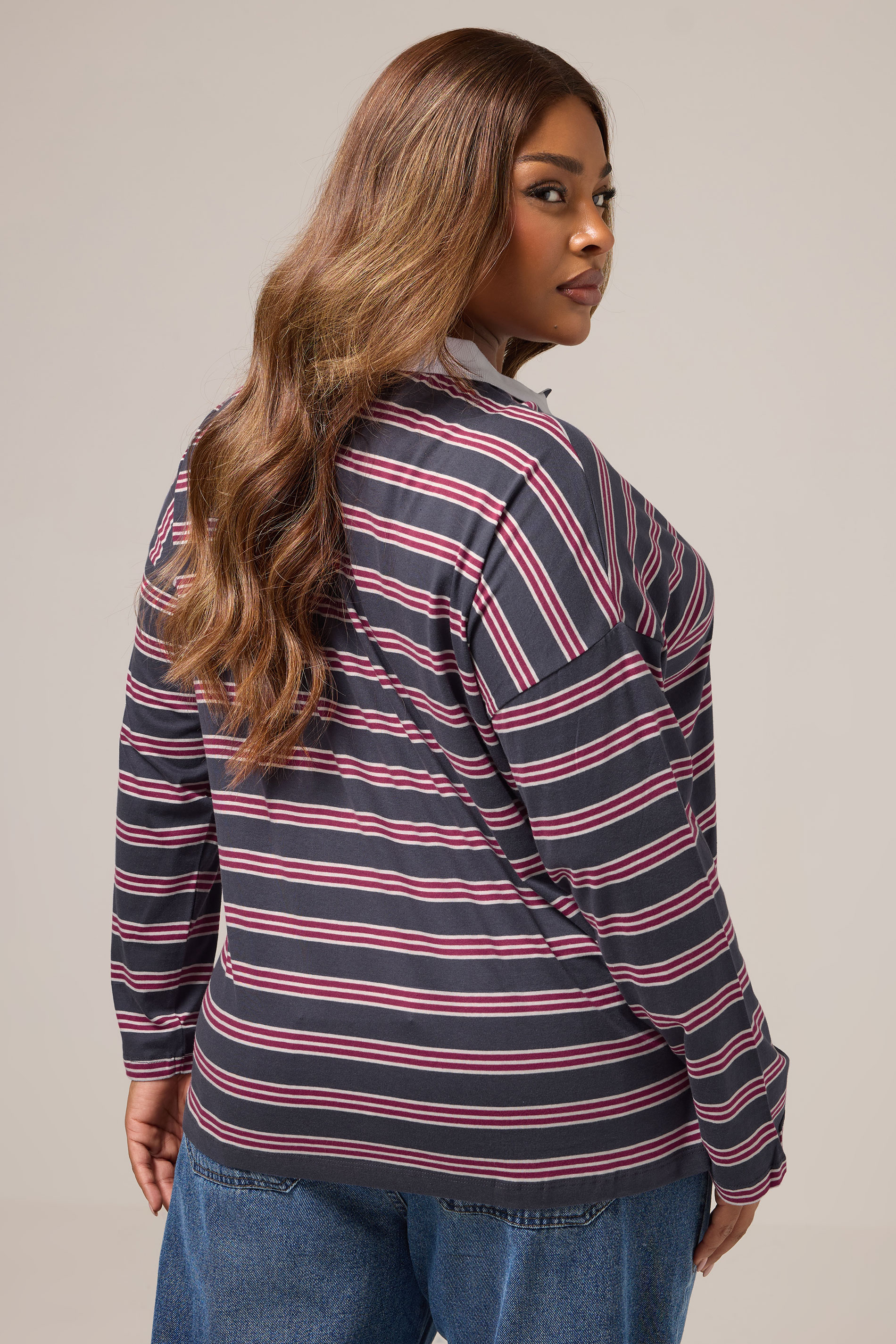 YOURS Plus Size Grey & Red Stripe Rugby Collar Top | Yours Clothing 4