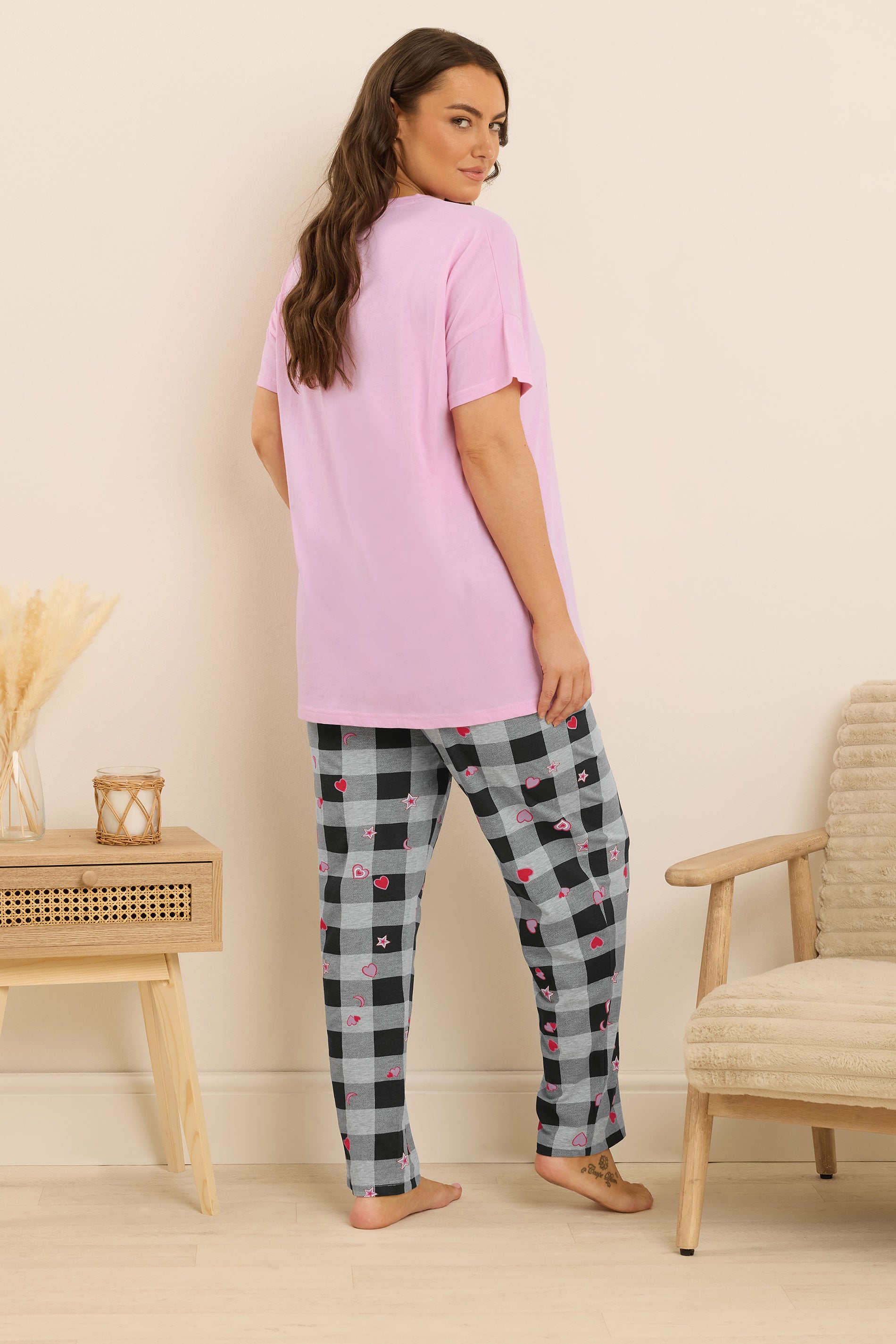 YOURS Plus Size Pink Gingham Bow Wide Leg Pyjama Set | Yours Clothing 2