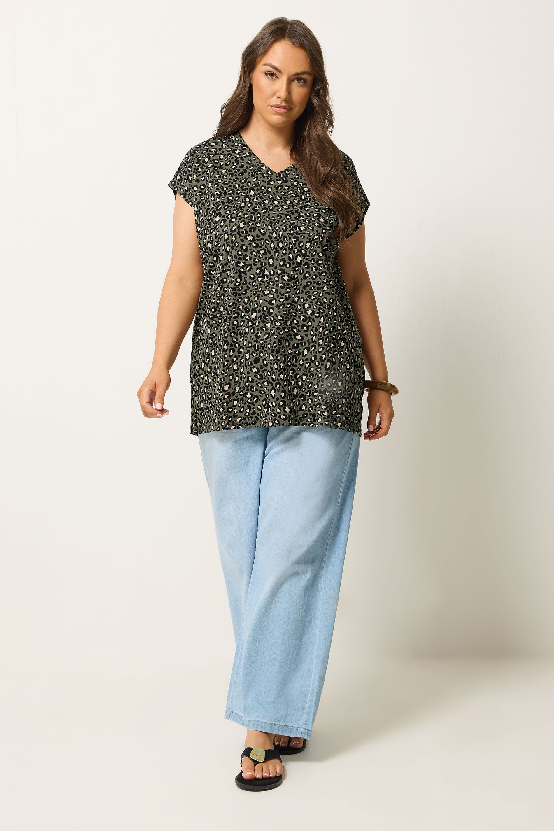 YOURS Plus Size Khaki Green Leopard Stud Pocket T-Shirt | Yours Clothing 1