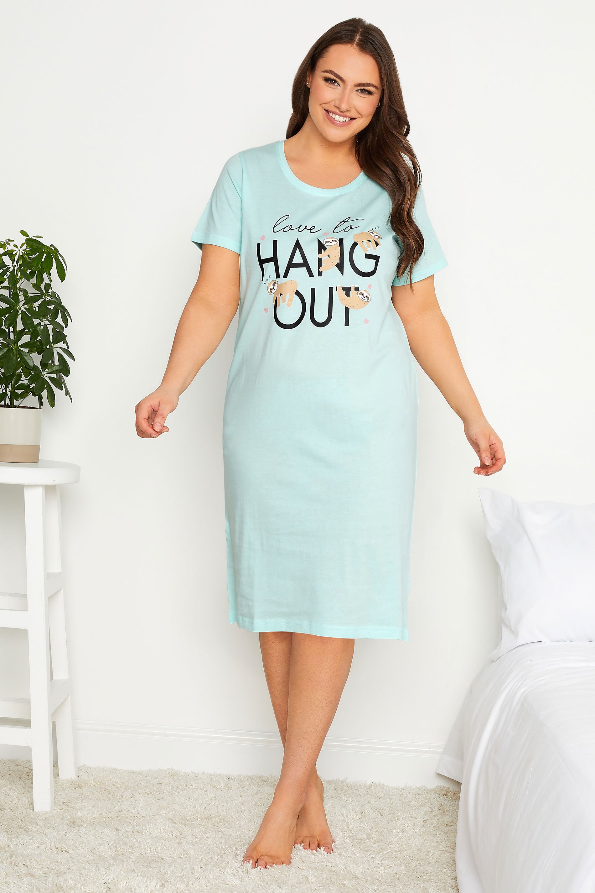 YOURS Curve Plus Size Light Blue 'Love To Hang Out' Slogan Sloth Print Nightdress | Yours Clothing  1