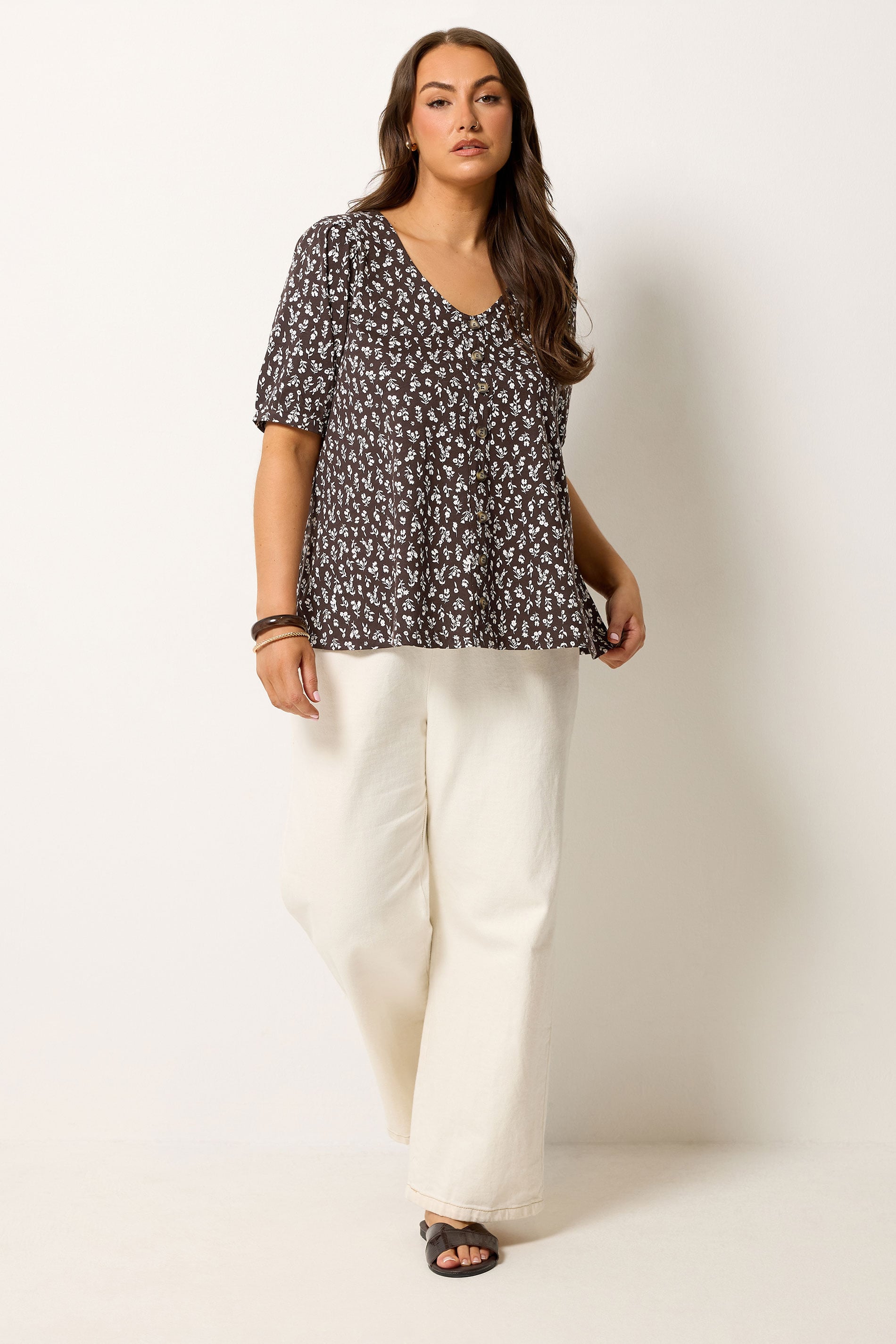 YOURS Plus Size Chocolate Brown Floral Button Front Top | Yours Clothing 1