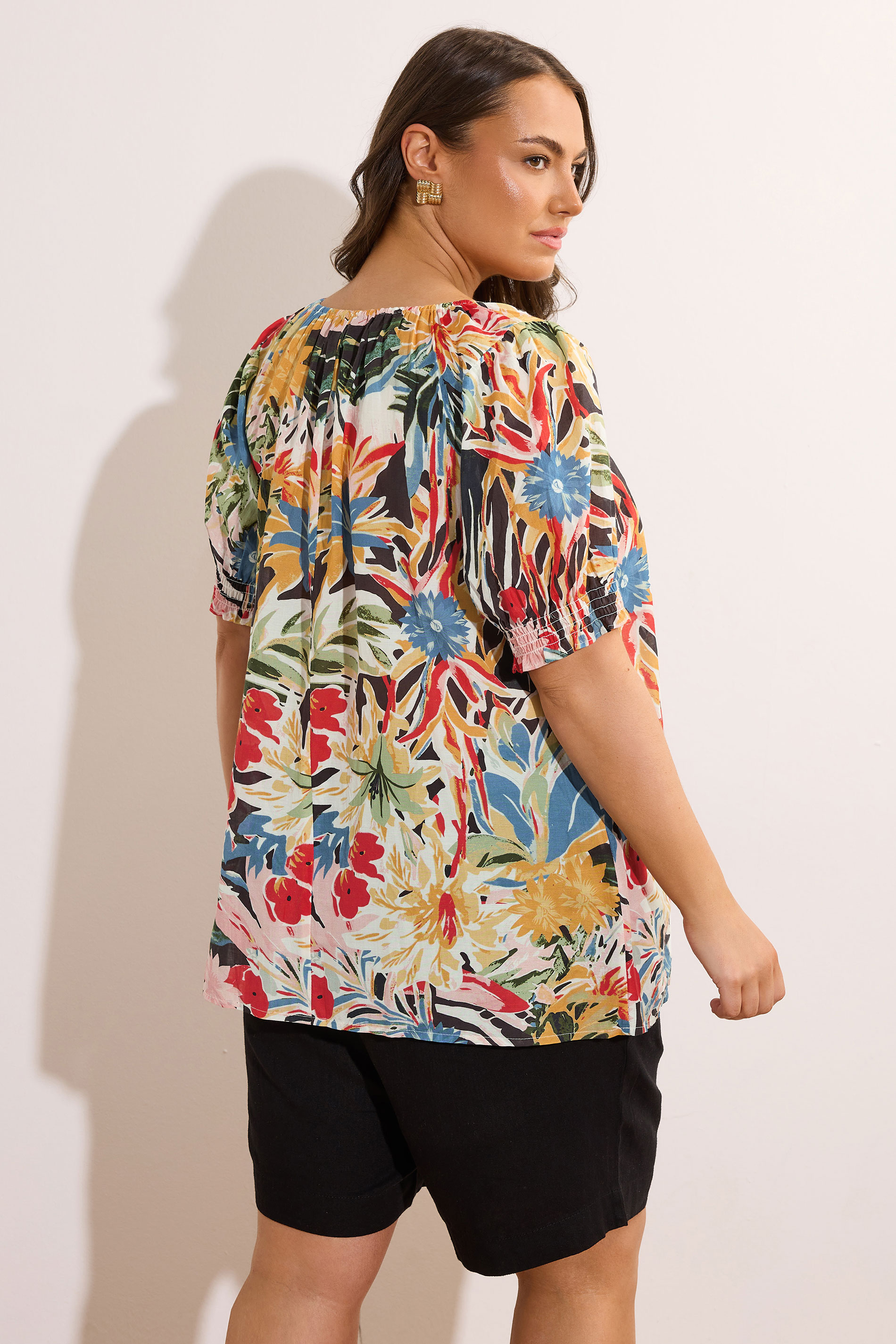 EVANS Plus Size Blue & Yellow Floral Print Tie Neck Top | Yours Clothing 4