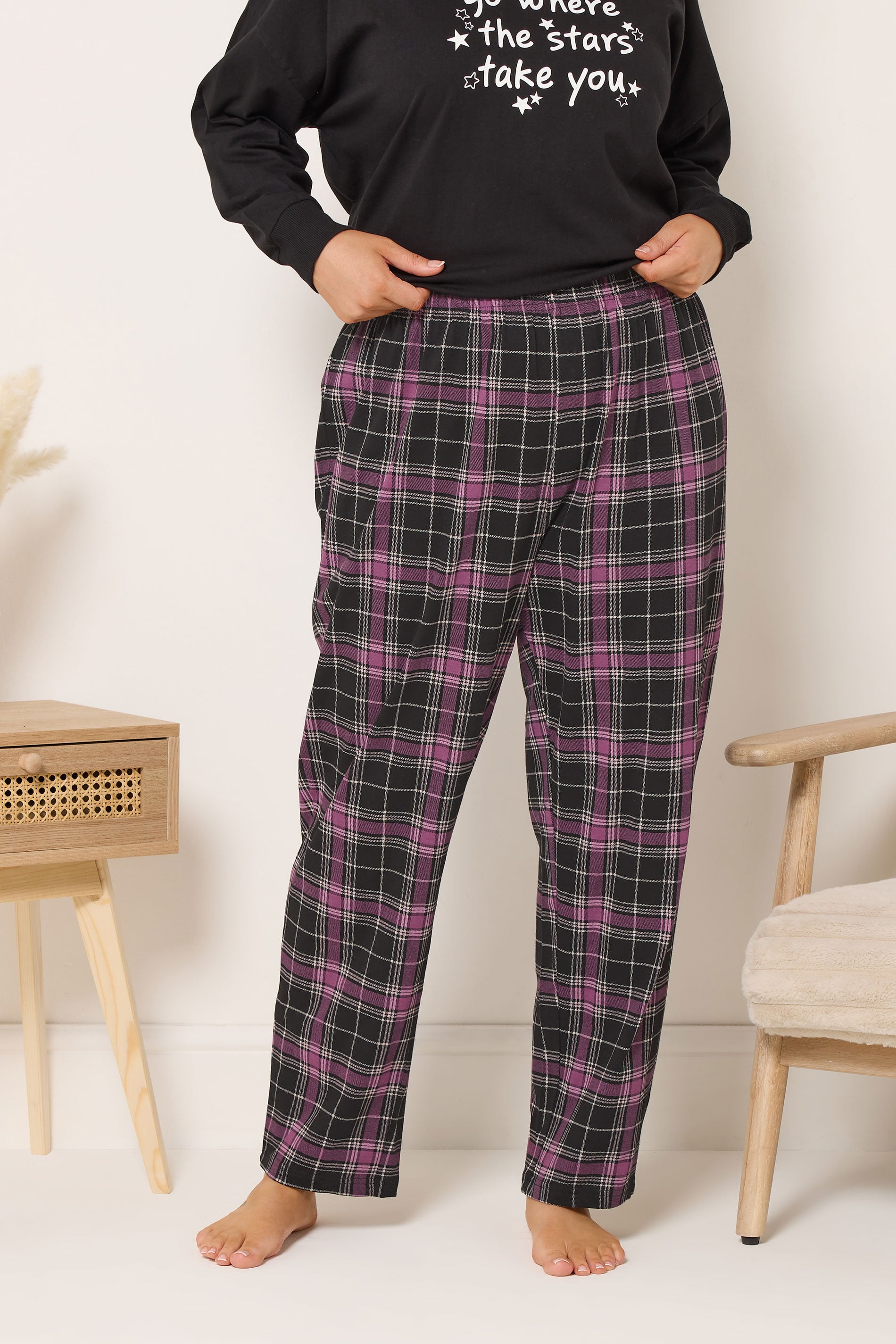 YOURS Plus Size Black Check Wide Leg Pyjama Bottoms | Yours Clothing 3