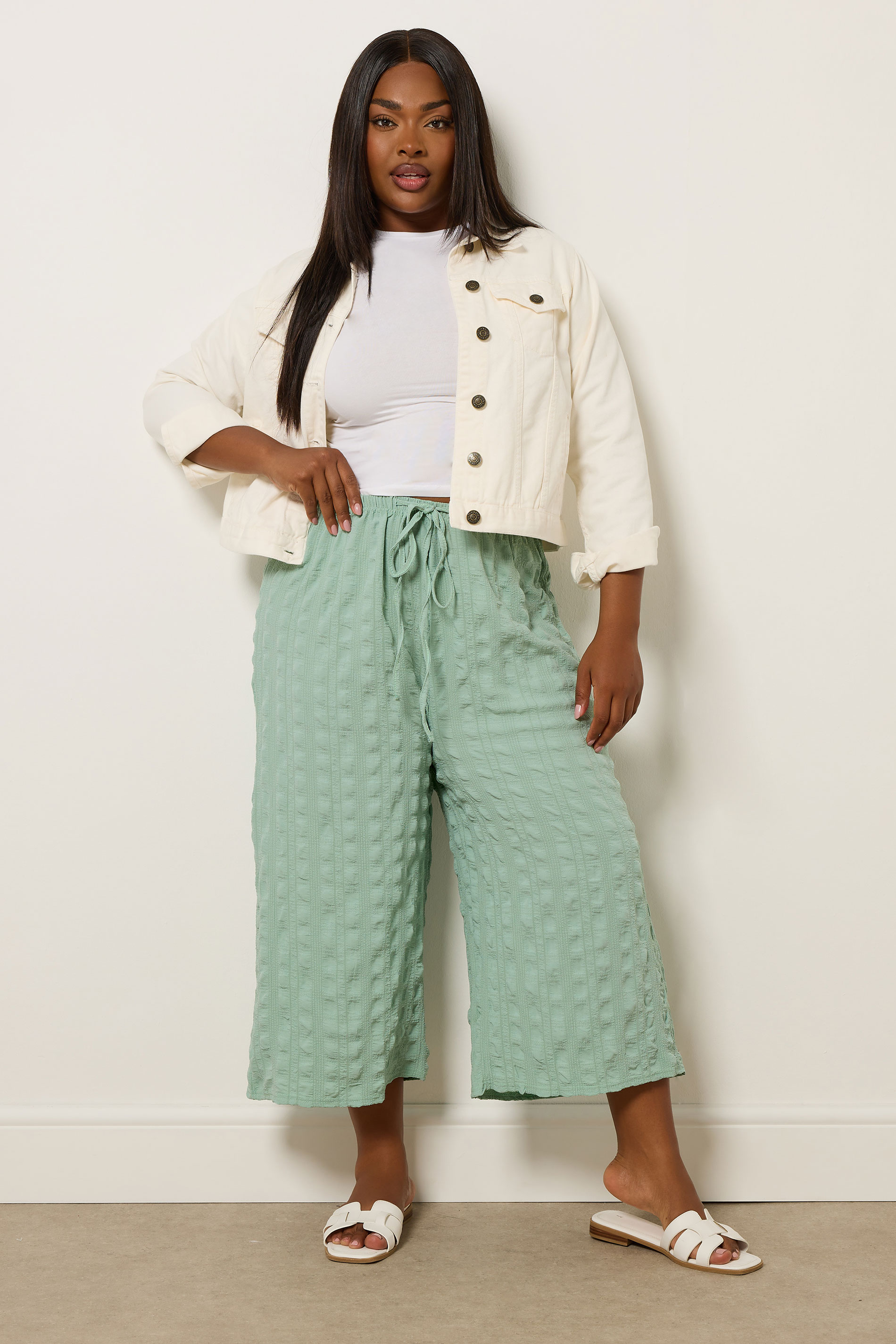 YOURS Plus Size Sage Green Textured Tie Waist Culottes | Yours Clothing 1