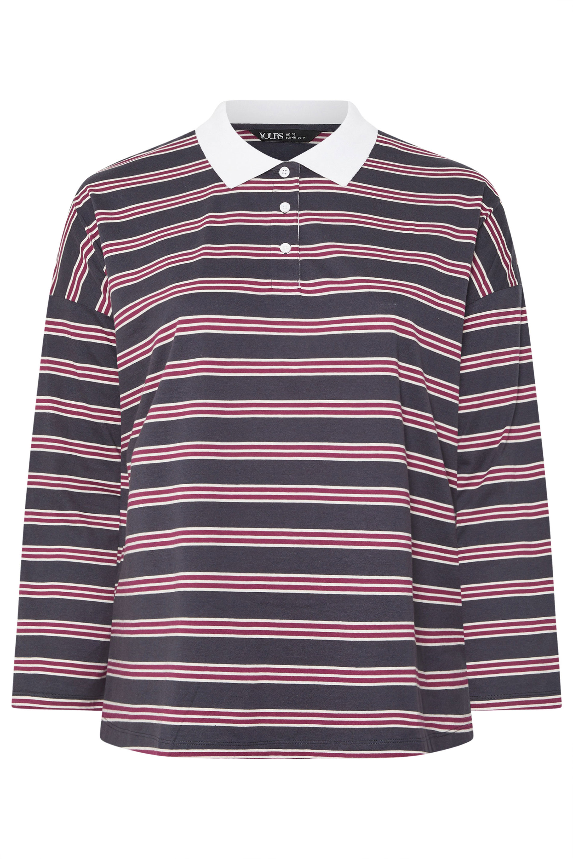 YOURS Plus Size Grey & Red Stripe Rugby Collar Top | Yours Clothing 6