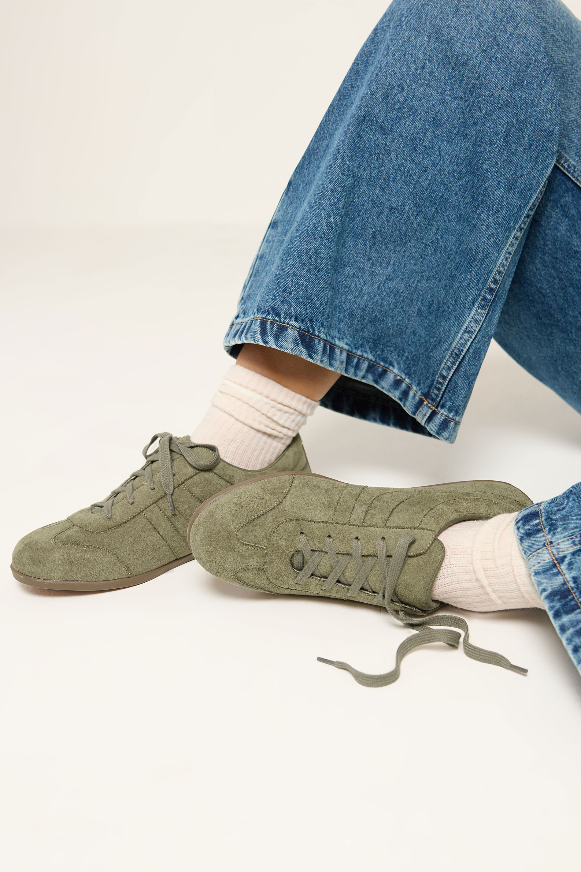 Sage Green Faux Seude Low Retro Stripe Trainers In Extra Wide EEE Fit | Yours Clothing 1