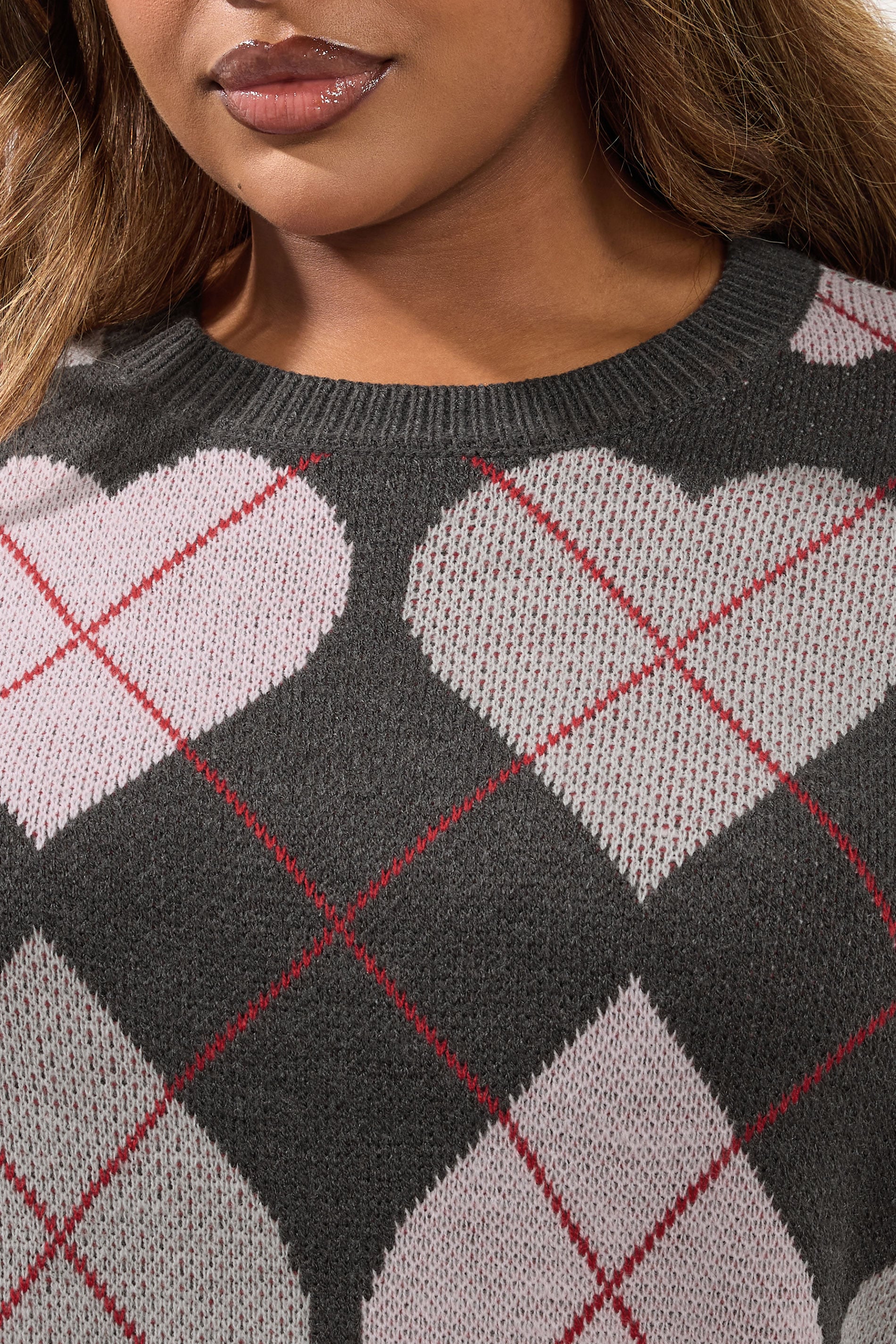 YOURS Plus Size Grey Argyle Heart Knit Jumper | Yours Clothing 4