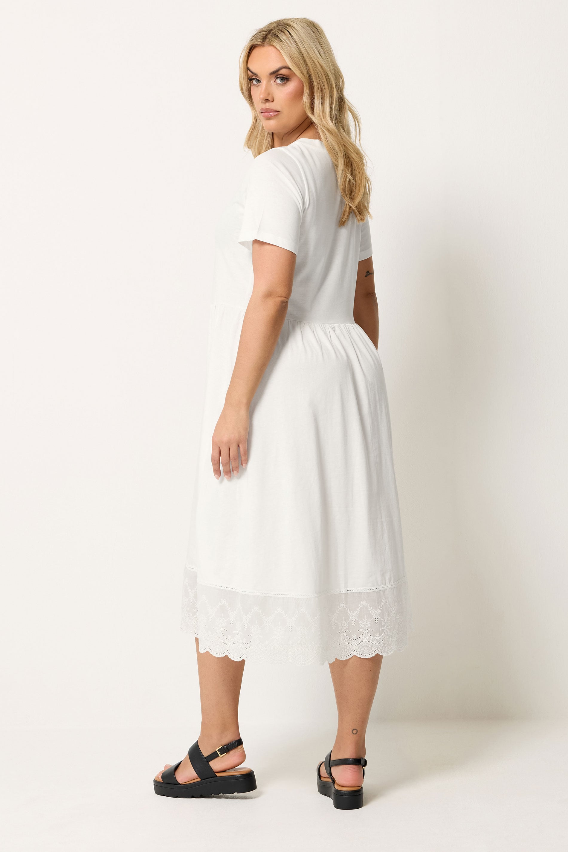 YOURS Plus Size Ivory White Broderie Anglaise Trim Dress | Yours Clothing 2