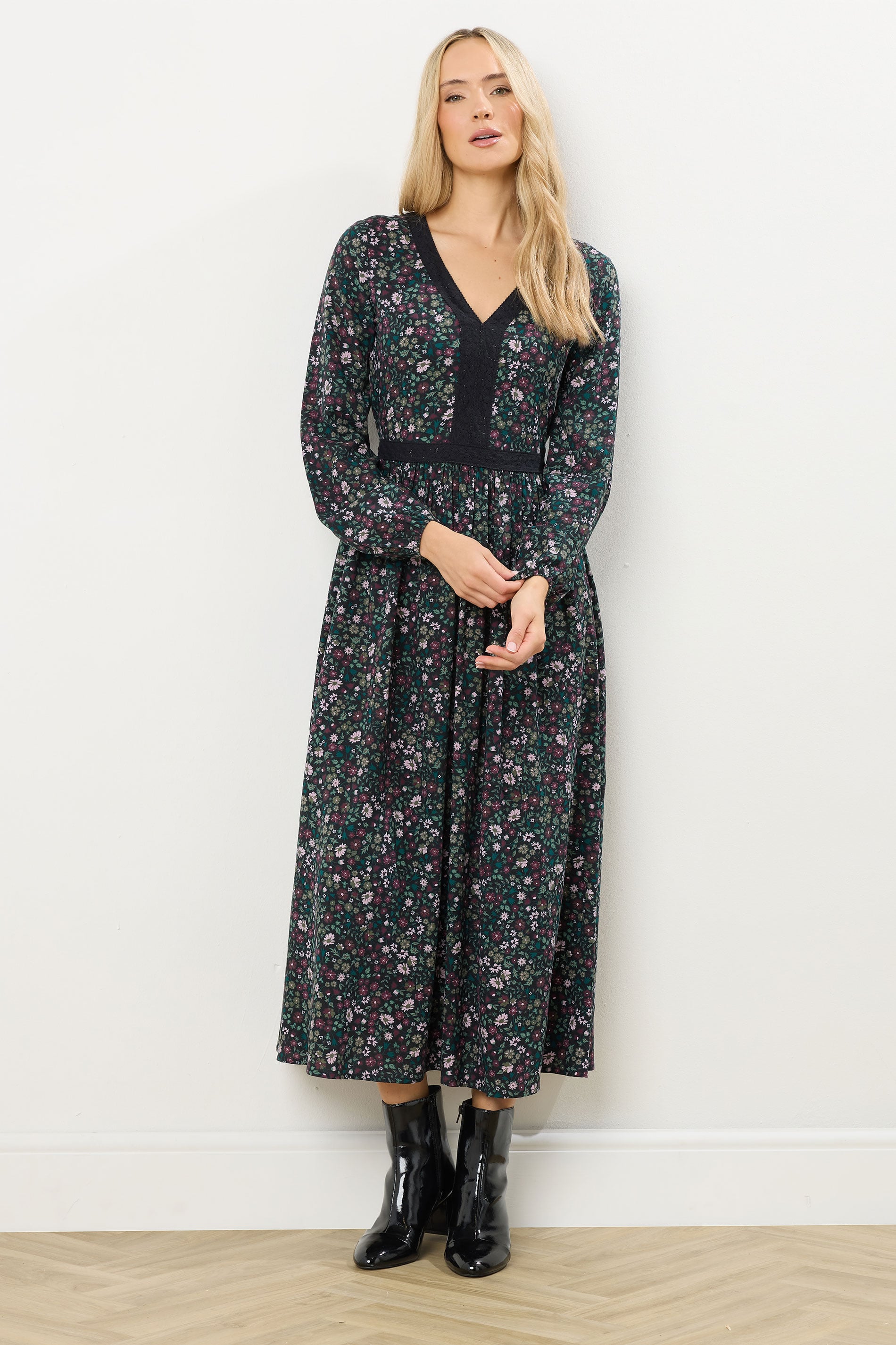 LTS Tall Dark Green Floral Lace Trim Midi Dress | Long Tall Sally 1