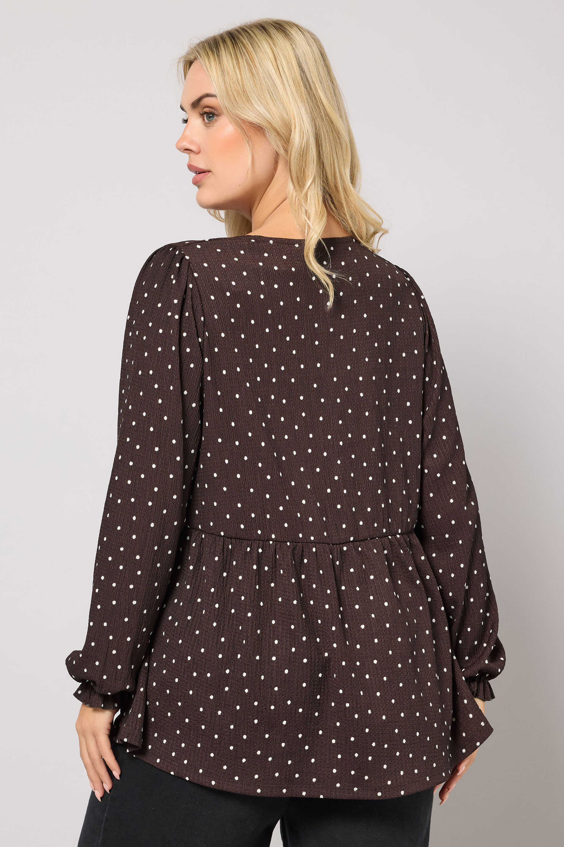 YOURS Plus Size Chocolate Brown Polka Dot Textured Peplum Top | Yours Clothing 2