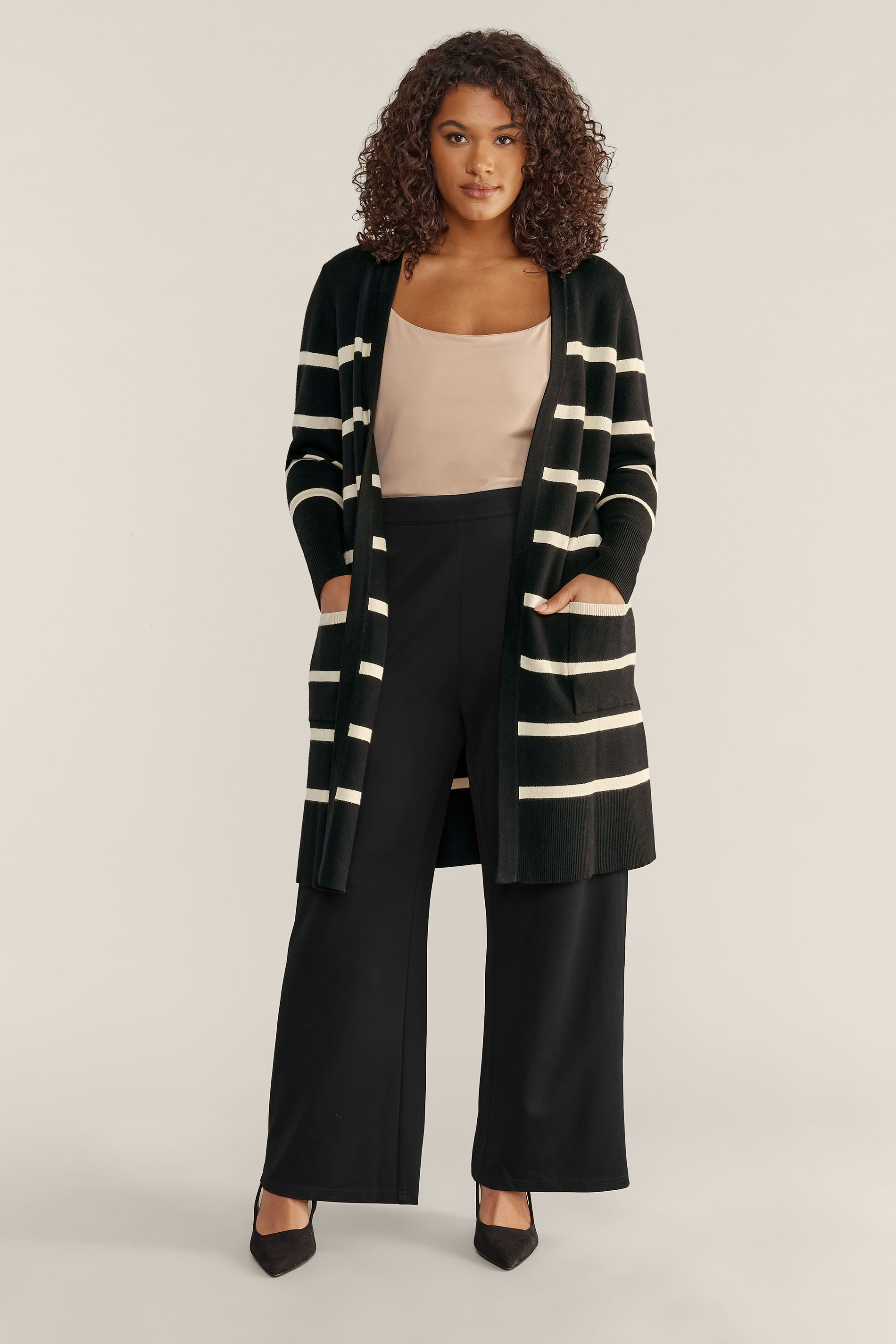 EVANS Plus Size Black & Ivory White Stripe Knitted Cardigan | Evans 2
