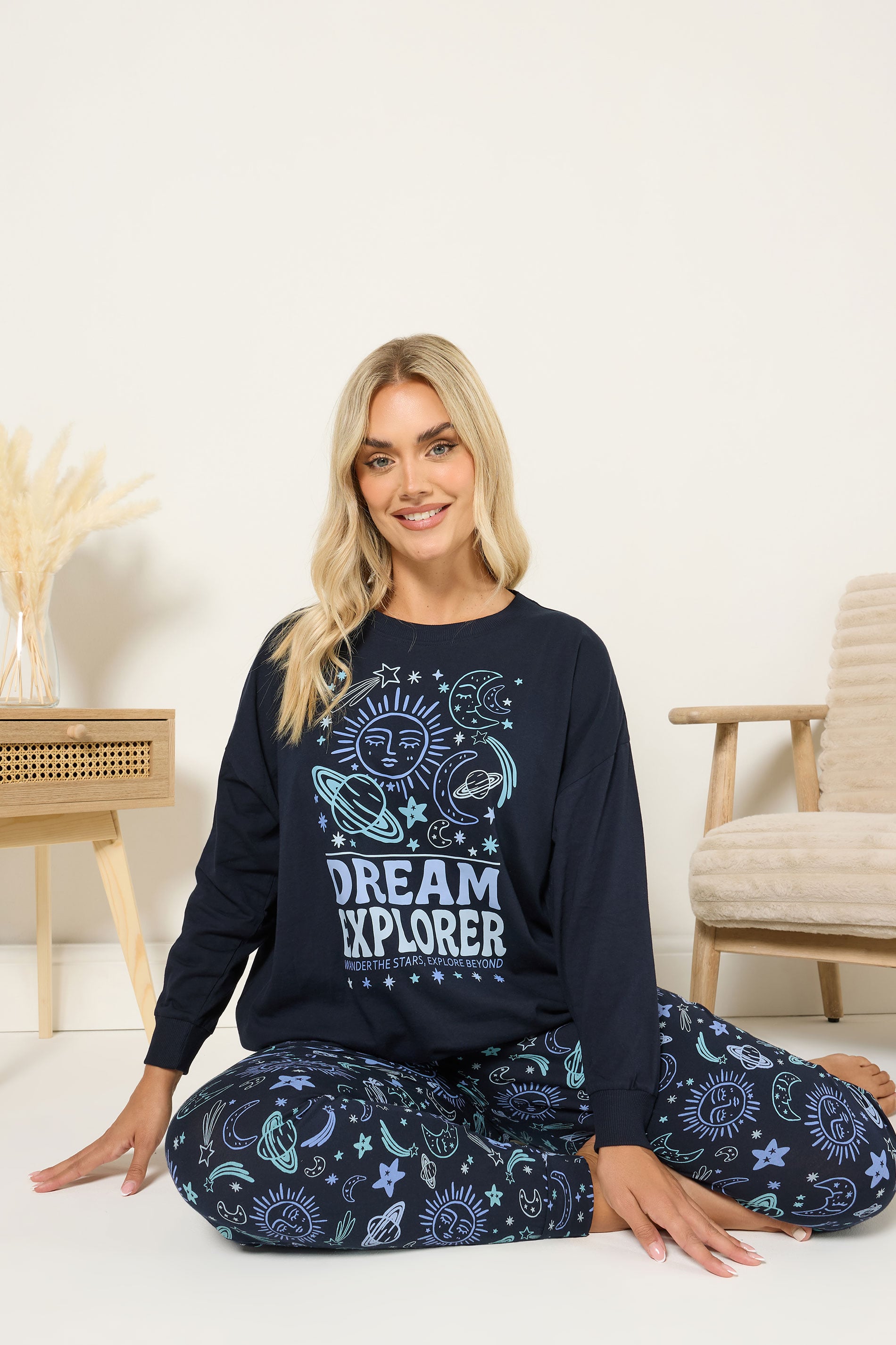 YOURS Plus Size Navy Blue 'Dream Explorer' Cuffed Pyjama Set | Yours Clothing 4