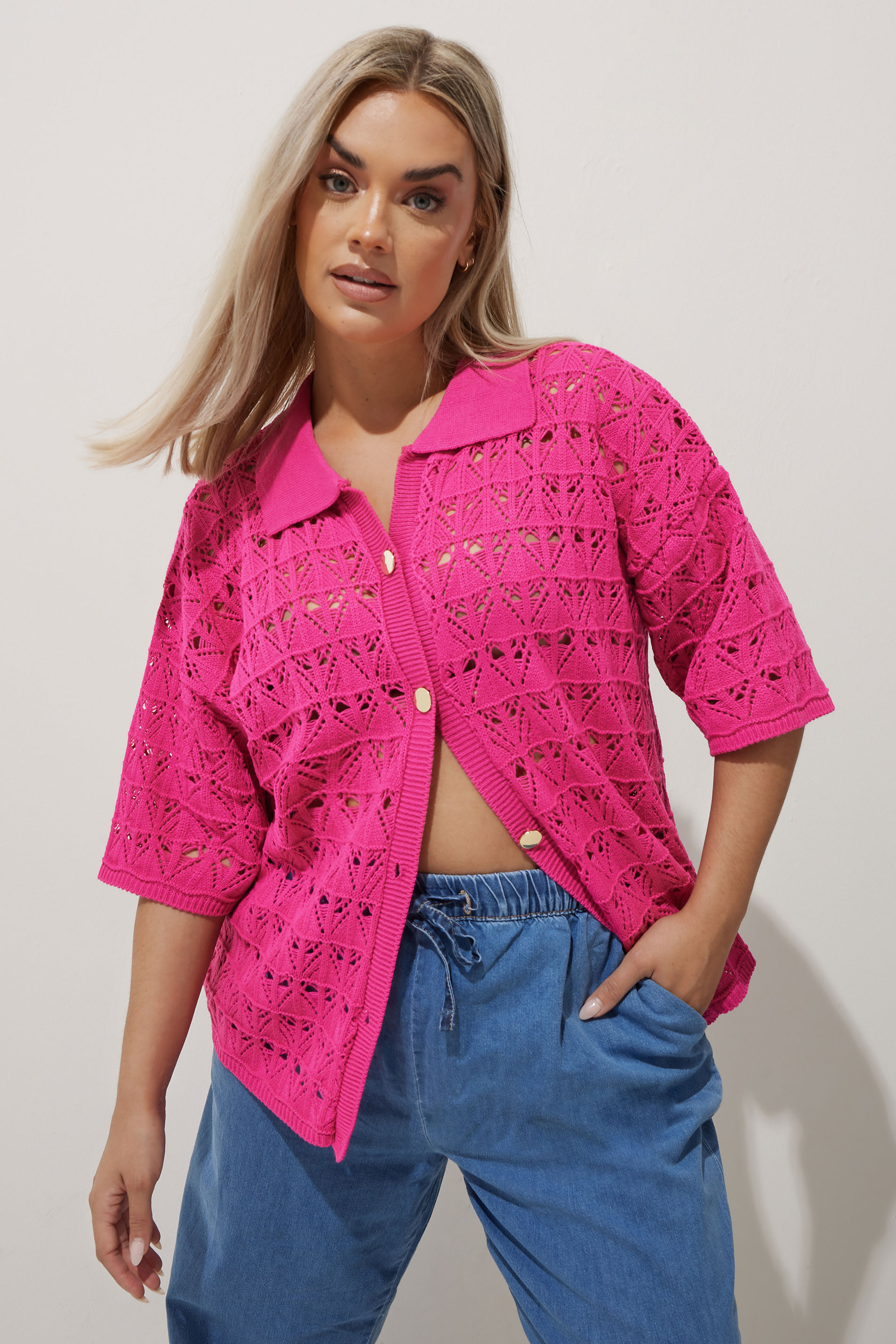LIMITED COLLECTION Plus Size Pink Crochet Shirt | Yours Clothing 3