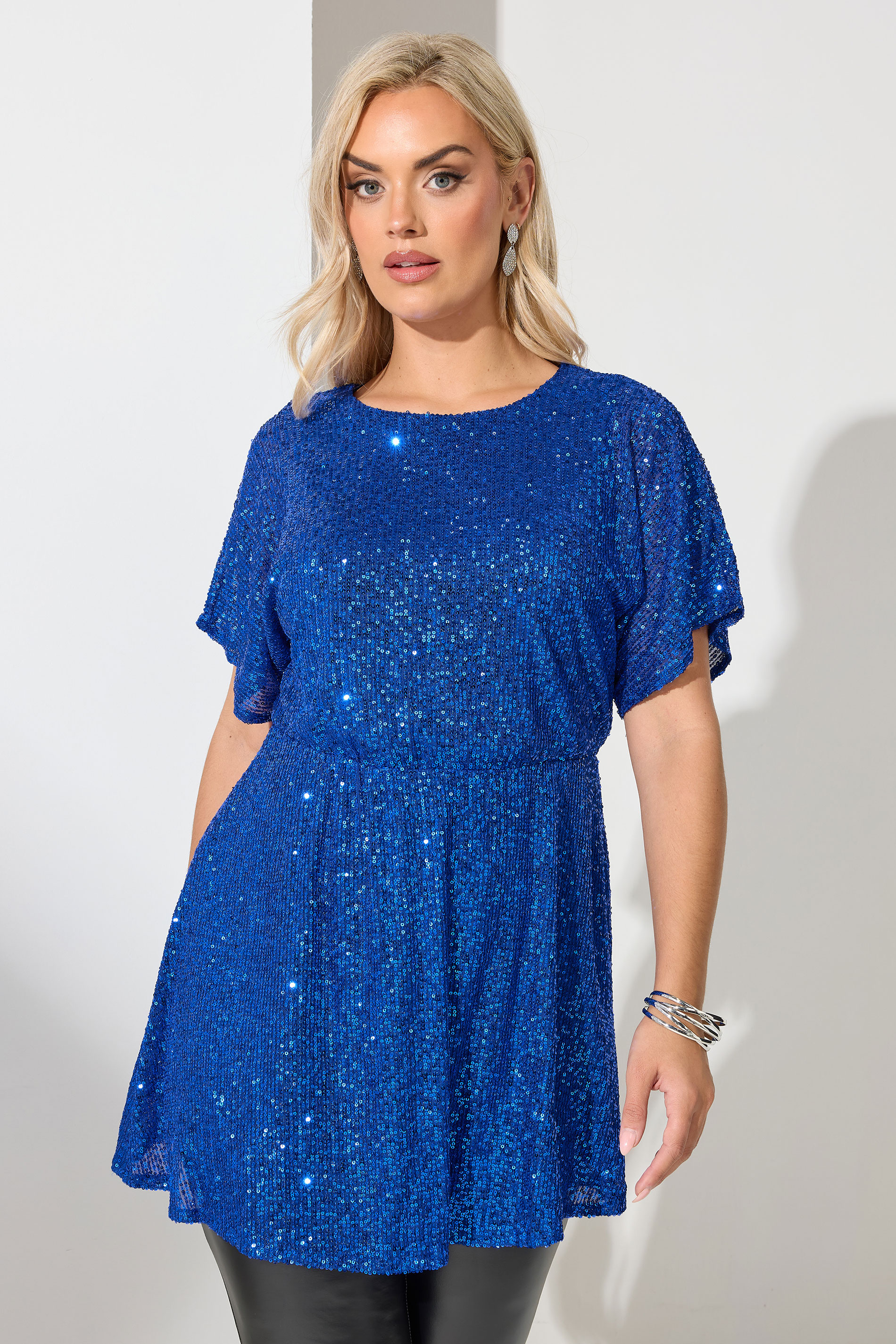 YOURS LONDON Plus Size Cobalt Blue Peplum Sequin Top | Yours Clothing 3