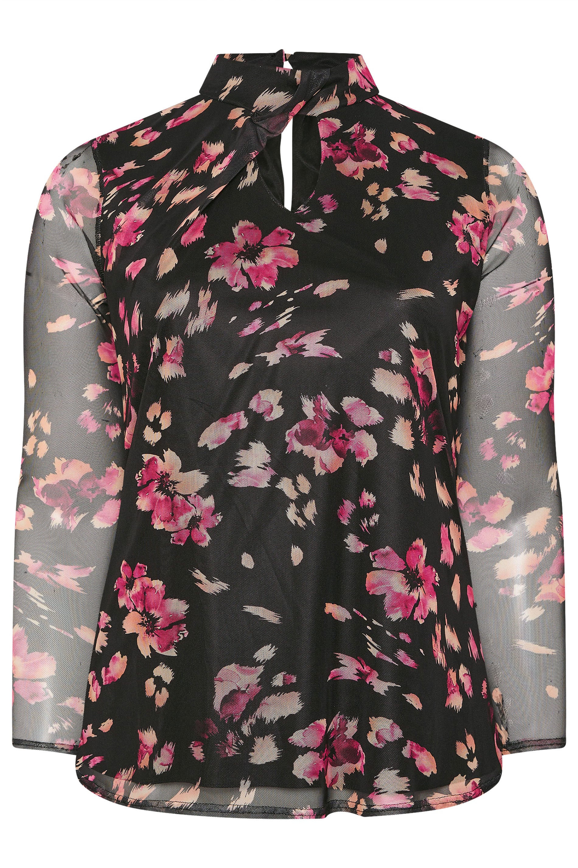 YOURS LONDON Plus Size Black Floral Twist Neck Mesh Top | Yours Clothing 5