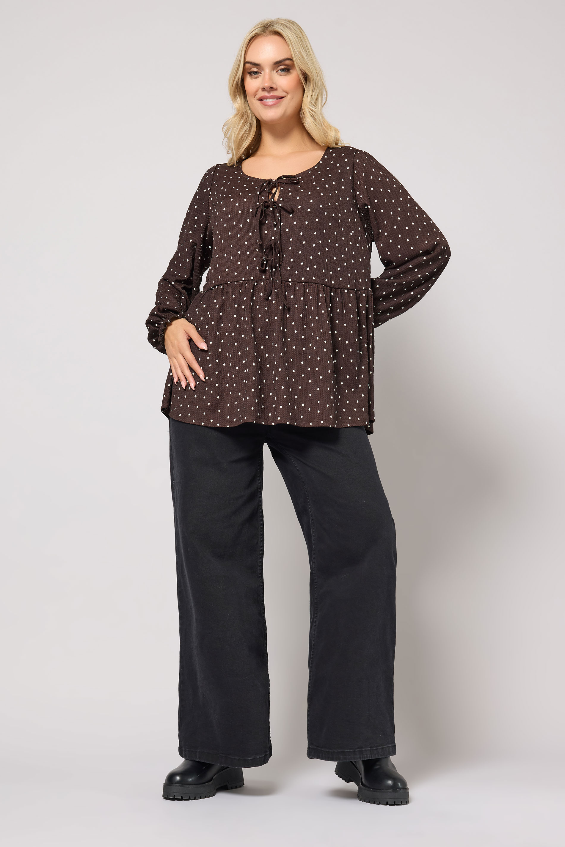 YOURS Plus Size Chocolate Brown Polka Dot Textured Peplum Top | Yours Clothing 1