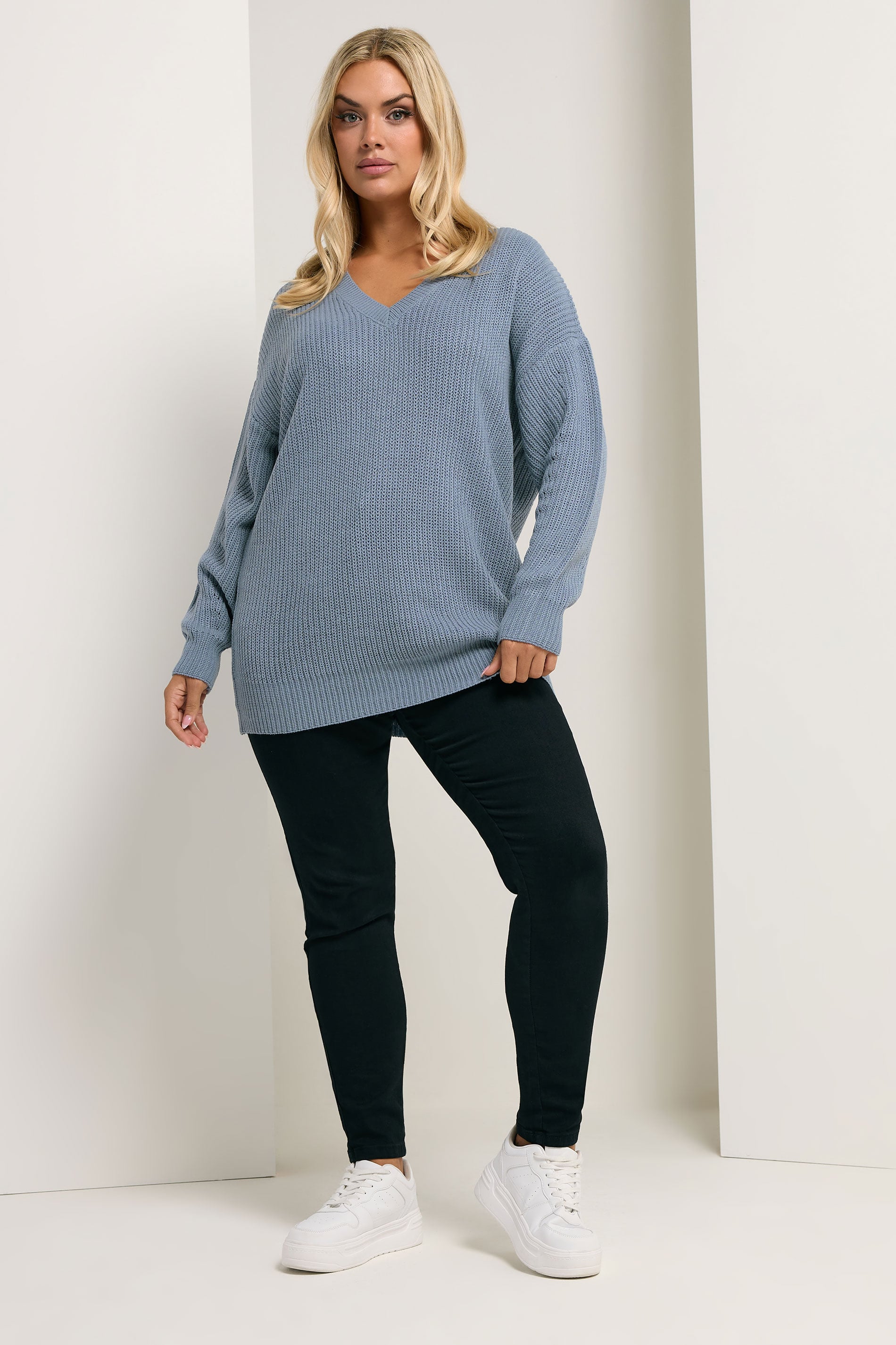 YOURS Plus Size Blue V-Neck Jumper | Yours Clothing 1