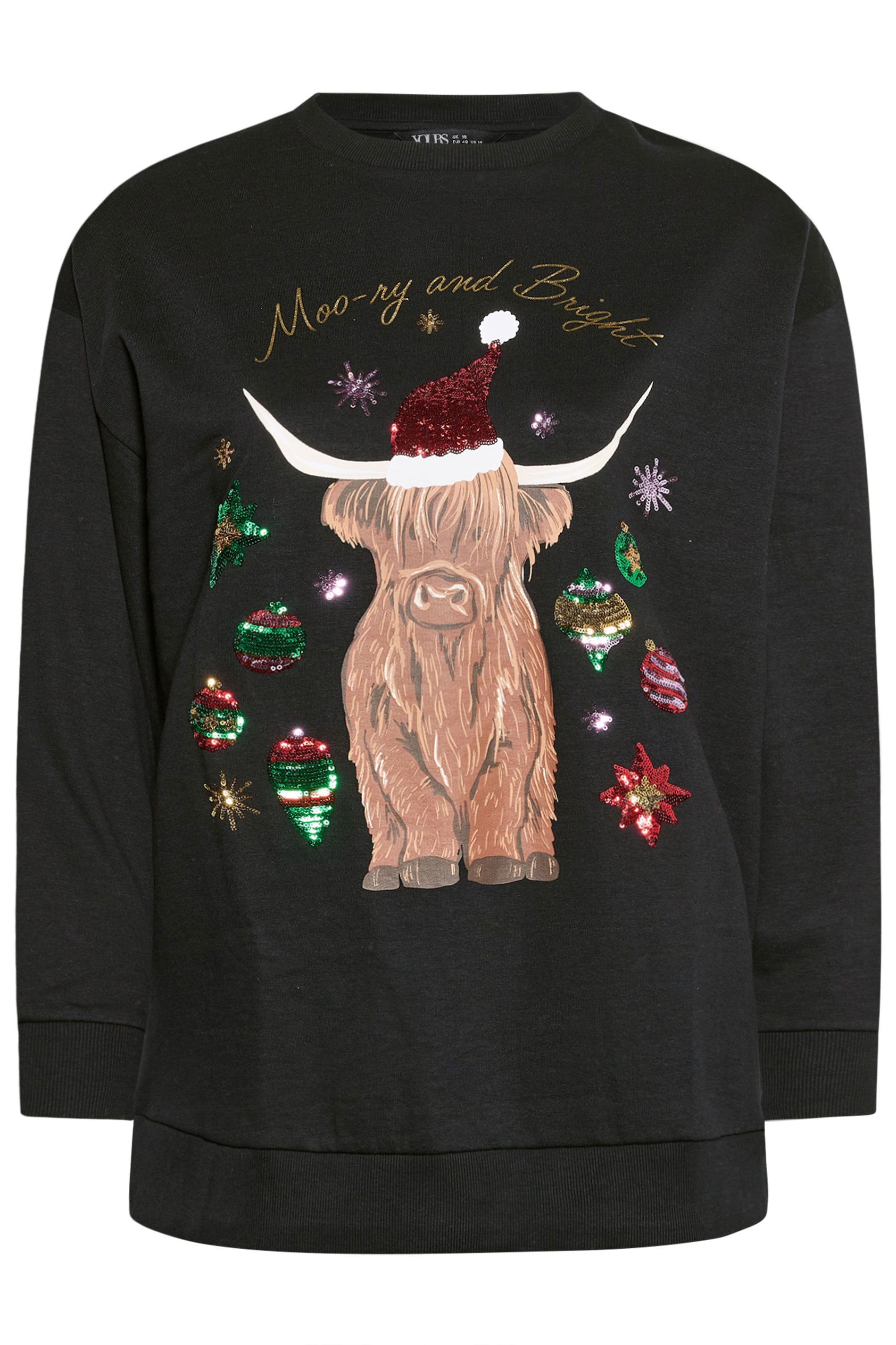 YOURS Plus Size Black Highland Cow Sequin Embellished Novelty Christmas Sweatshirt | Yours Clothing 5