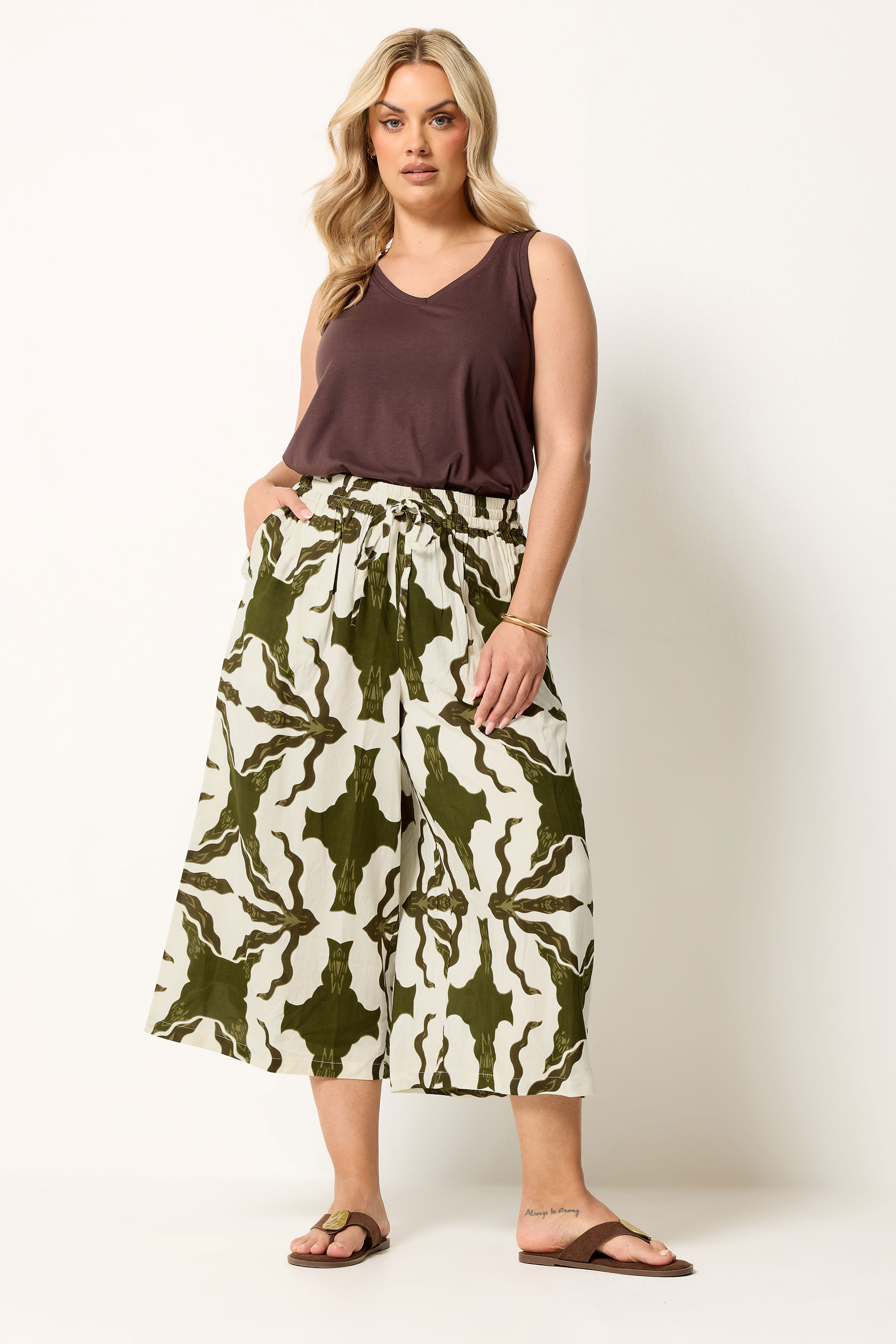 YOURS Plus Size White & Green Tile Print Wide Leg Culottes | Yours Clothing 2