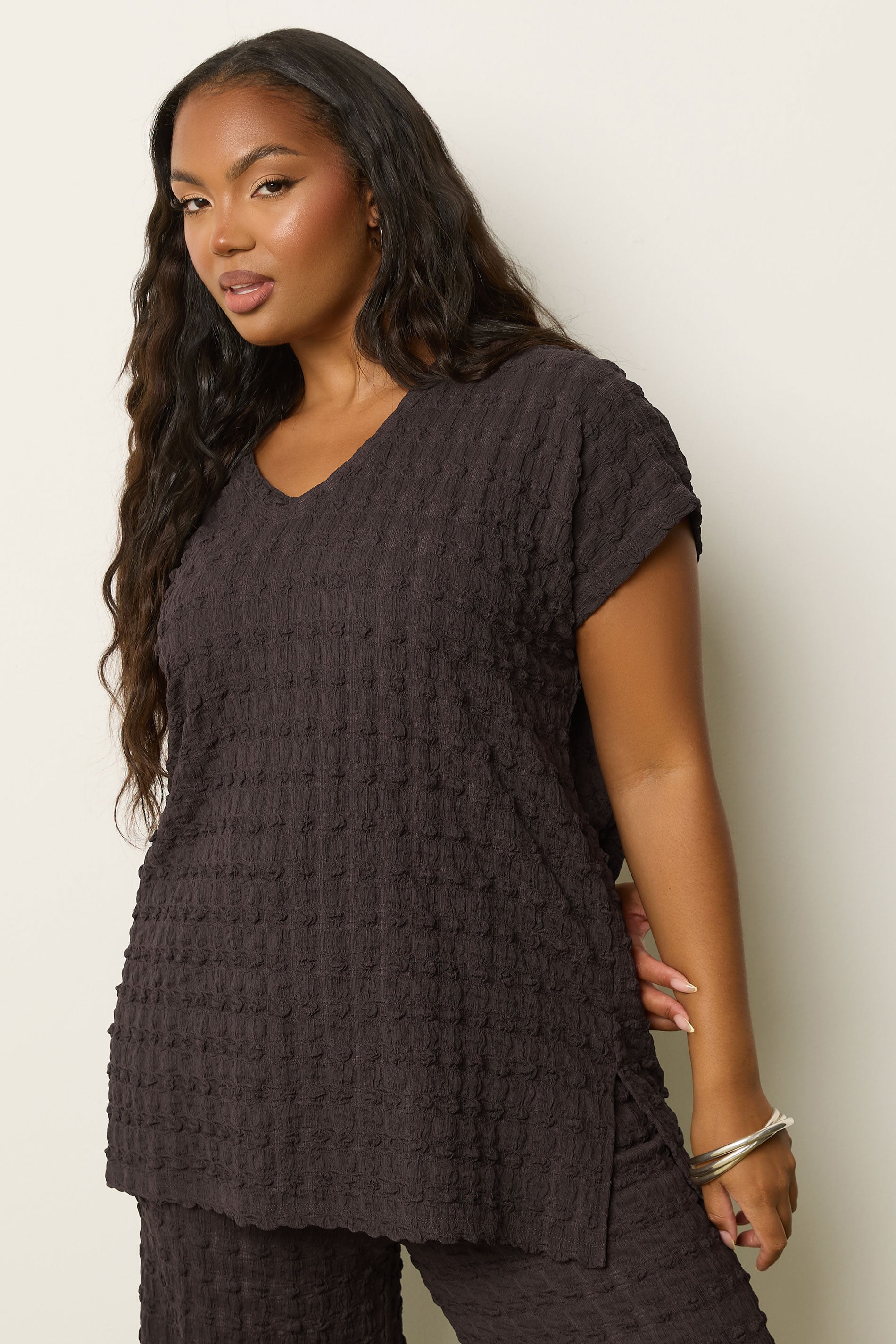 YOURS Plus Size Chocolate Brown Bubble Textured T-Shirt | Yours Clothing 1