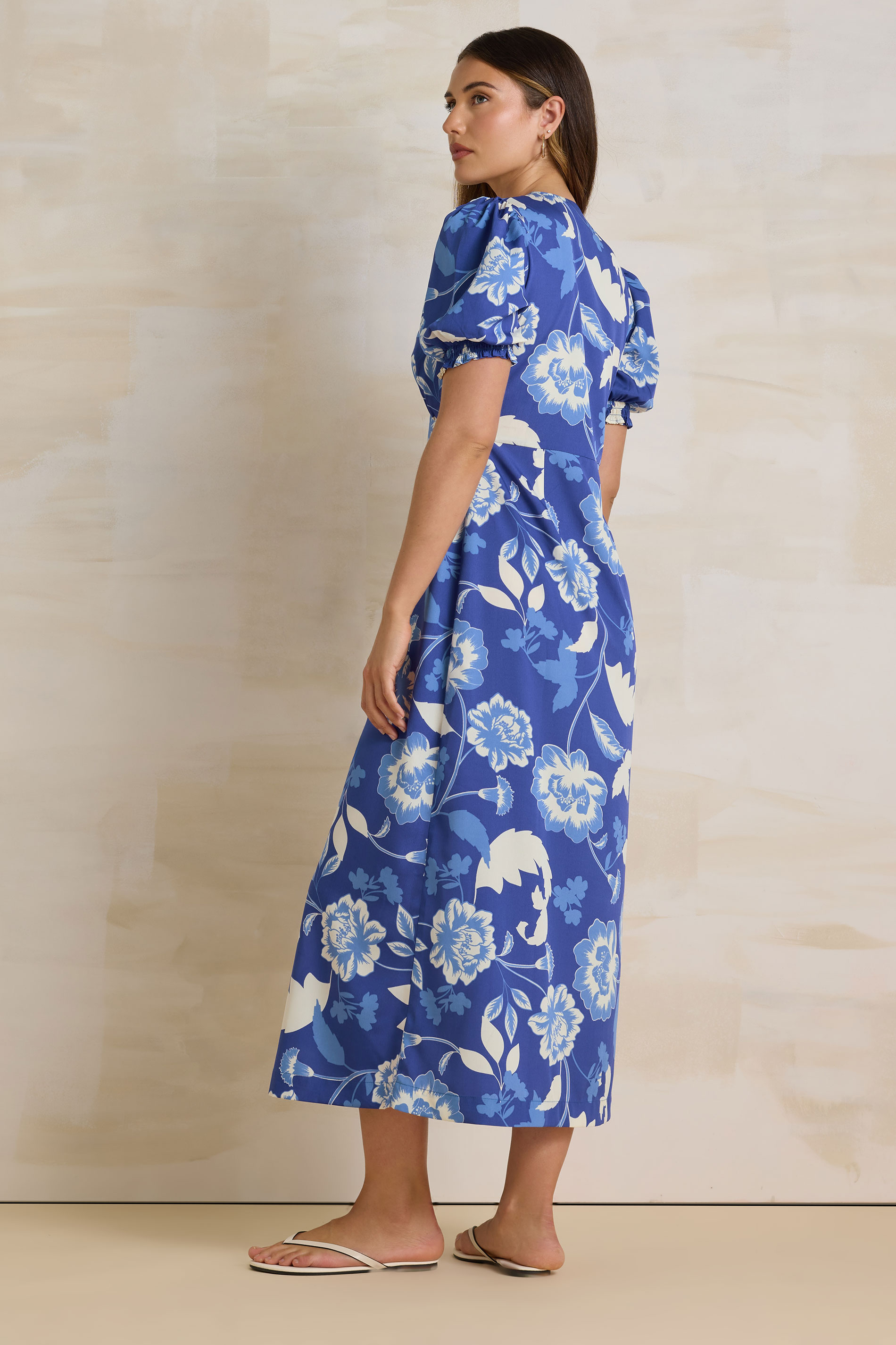 LTS Tall Blue Floral Puff Sleeve Midi Tea Dress | Long Tall Sally 2