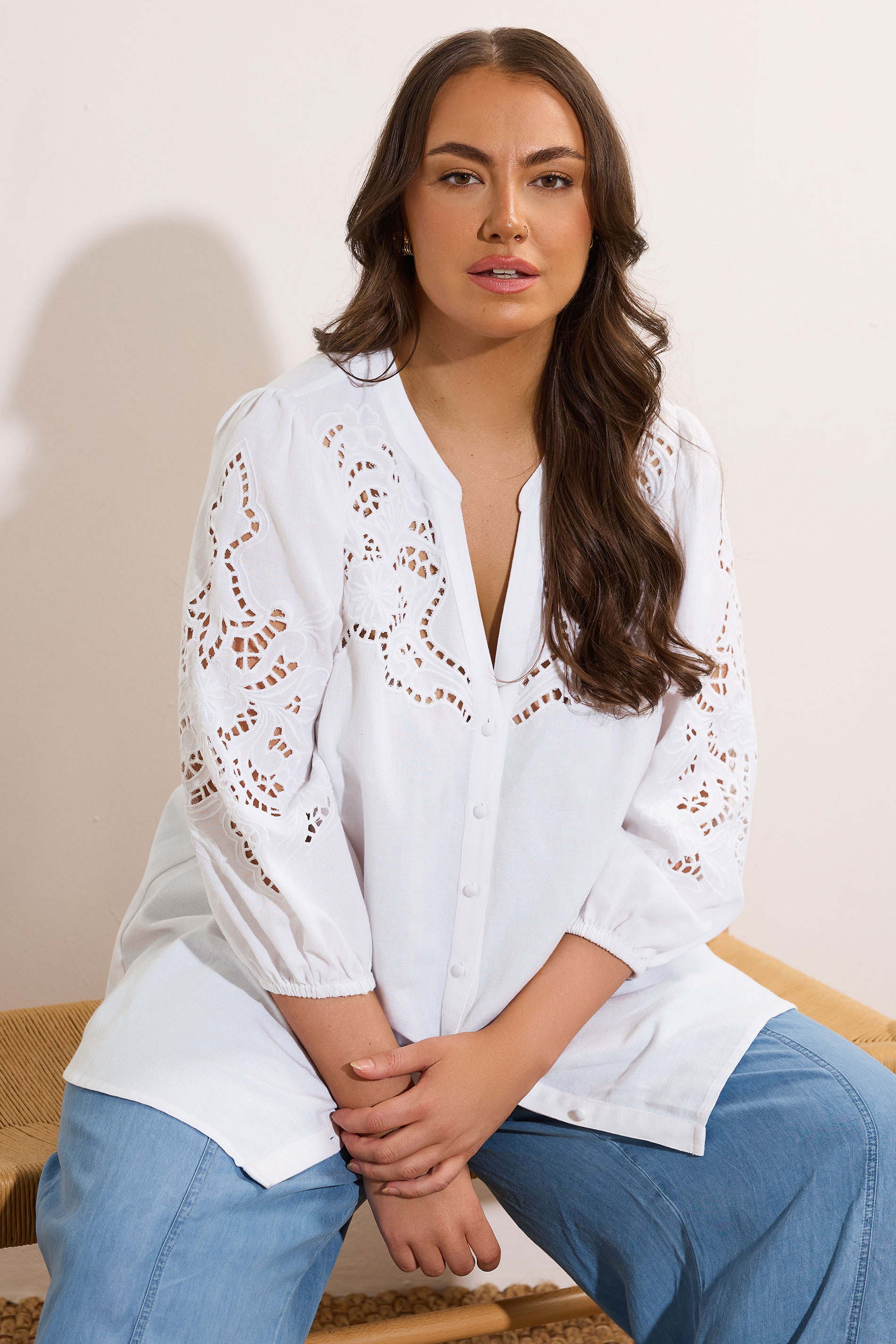 EVANS Plus Size White Cutwork Linen Blouse | Evans 1