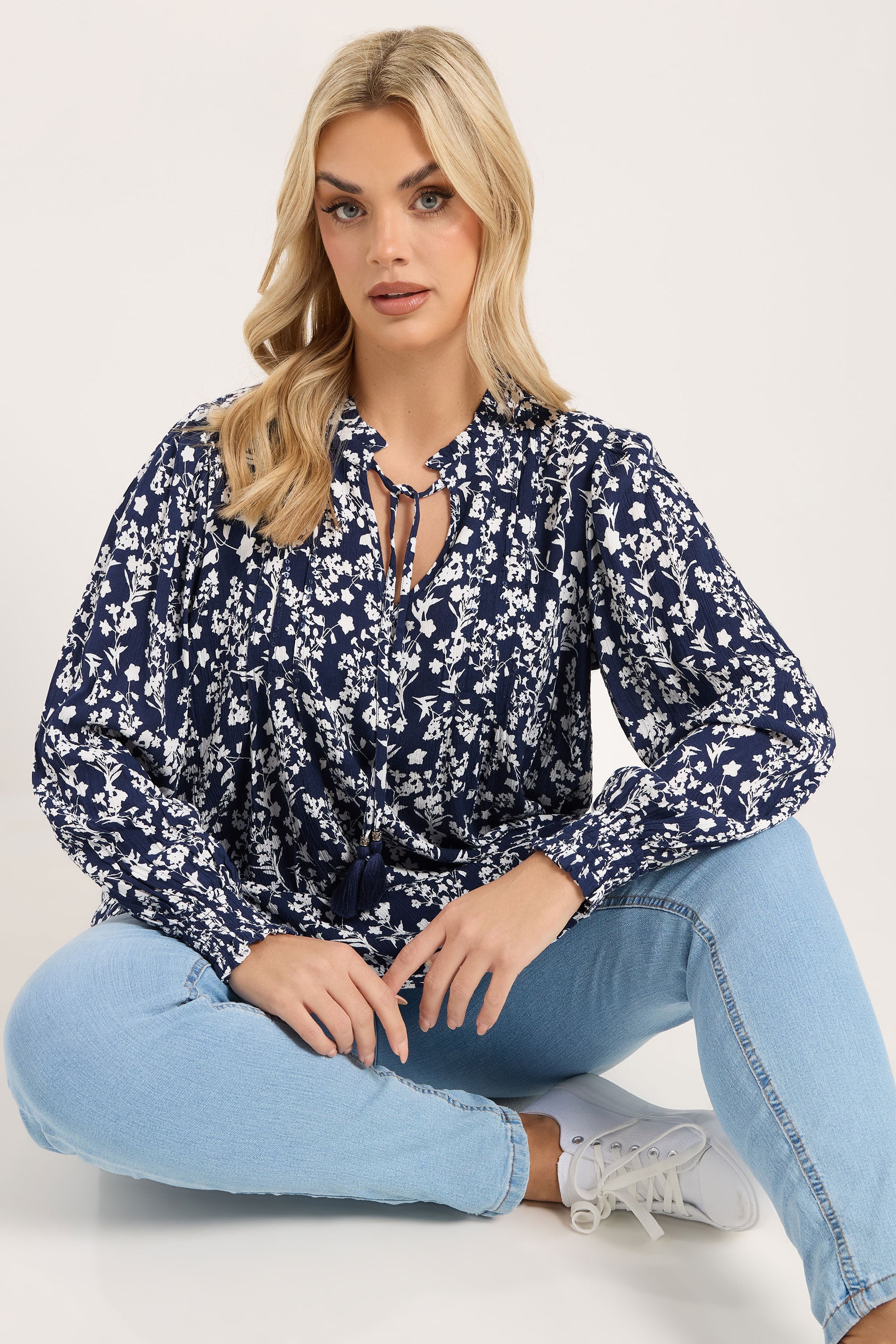 Yours Plus Size Blue Floral Sequin Embellished Tie Neck Blouse 3